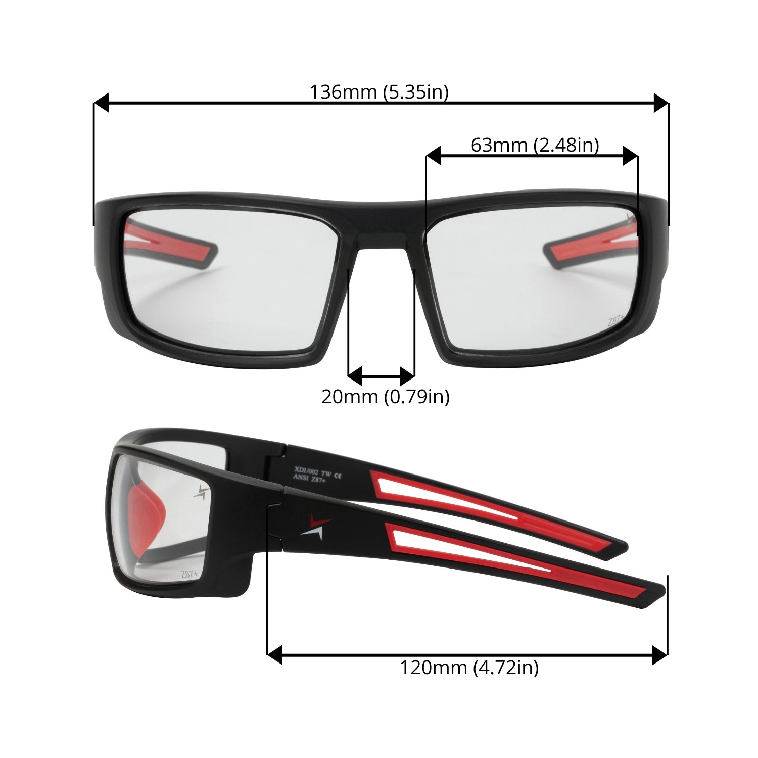 Clear Lens Sport Safety Sunglasses with Red Rubber Accents.