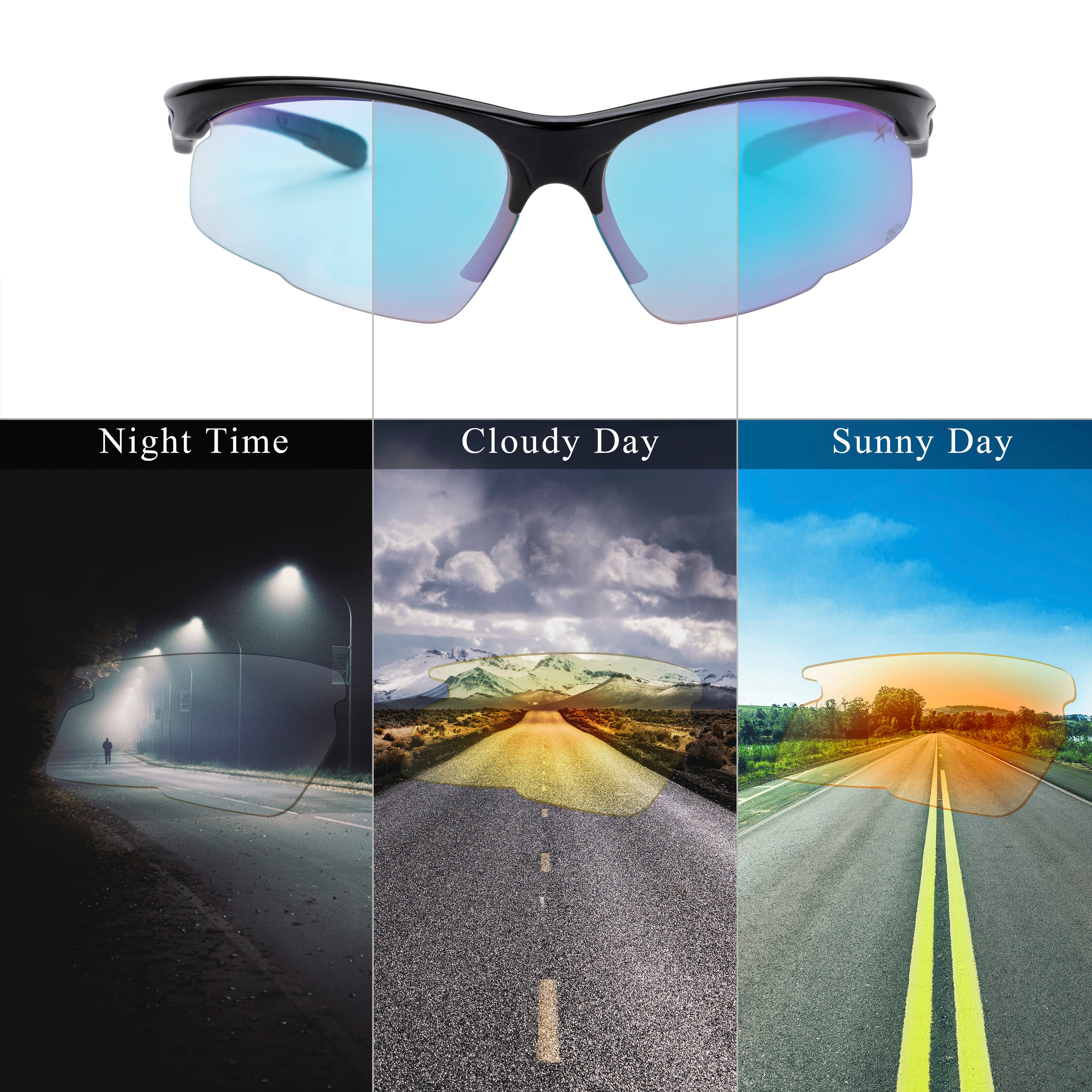 Clear to Grey Photochromic Lens with Blue Mirror Coating Black Half Frame Wrap Around Sport Safety Sunglasses.