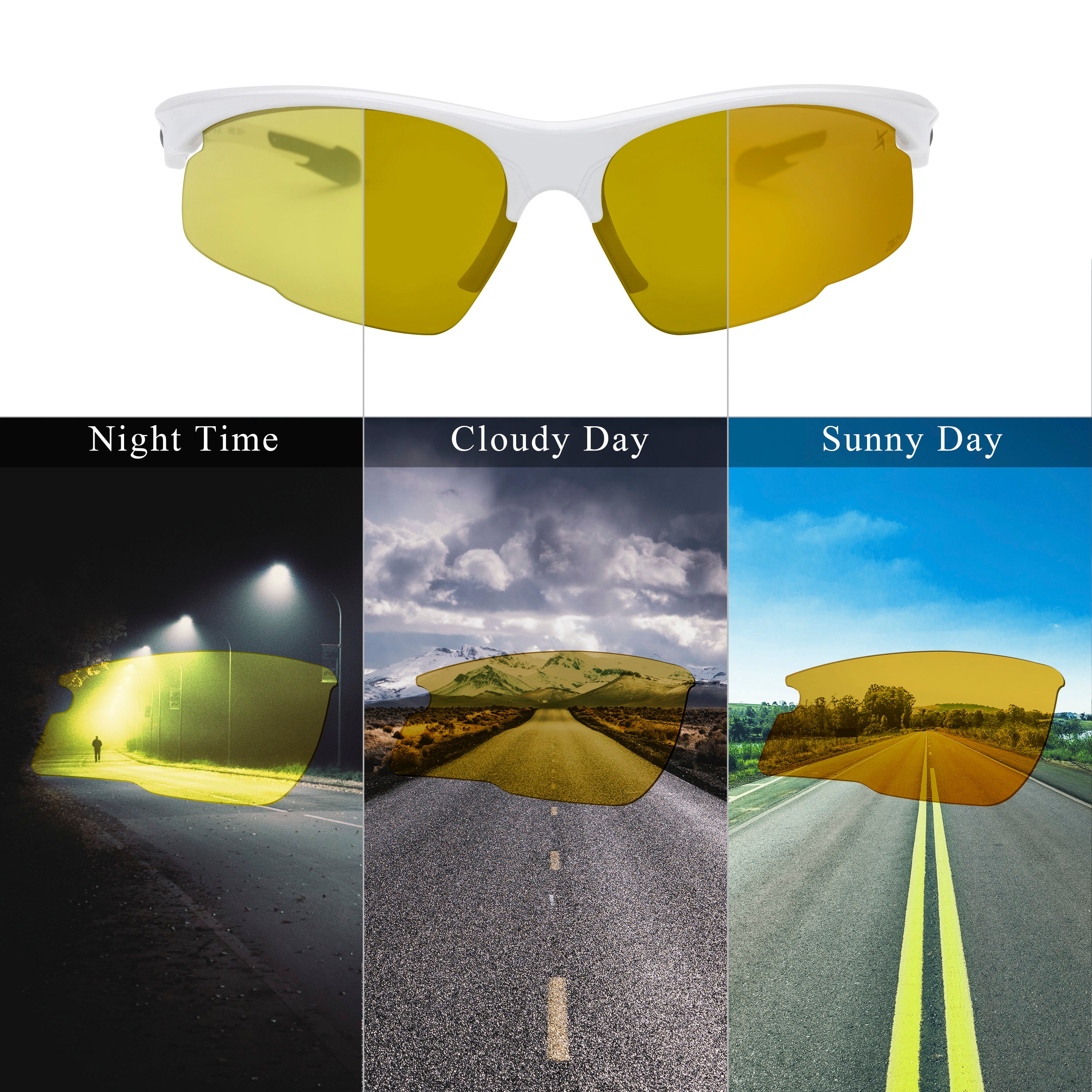 Yellow to Grey Photochromic Lens with Flash Mirror Coating White Half Frame Wrap Around Sport Safety Sunglasses.