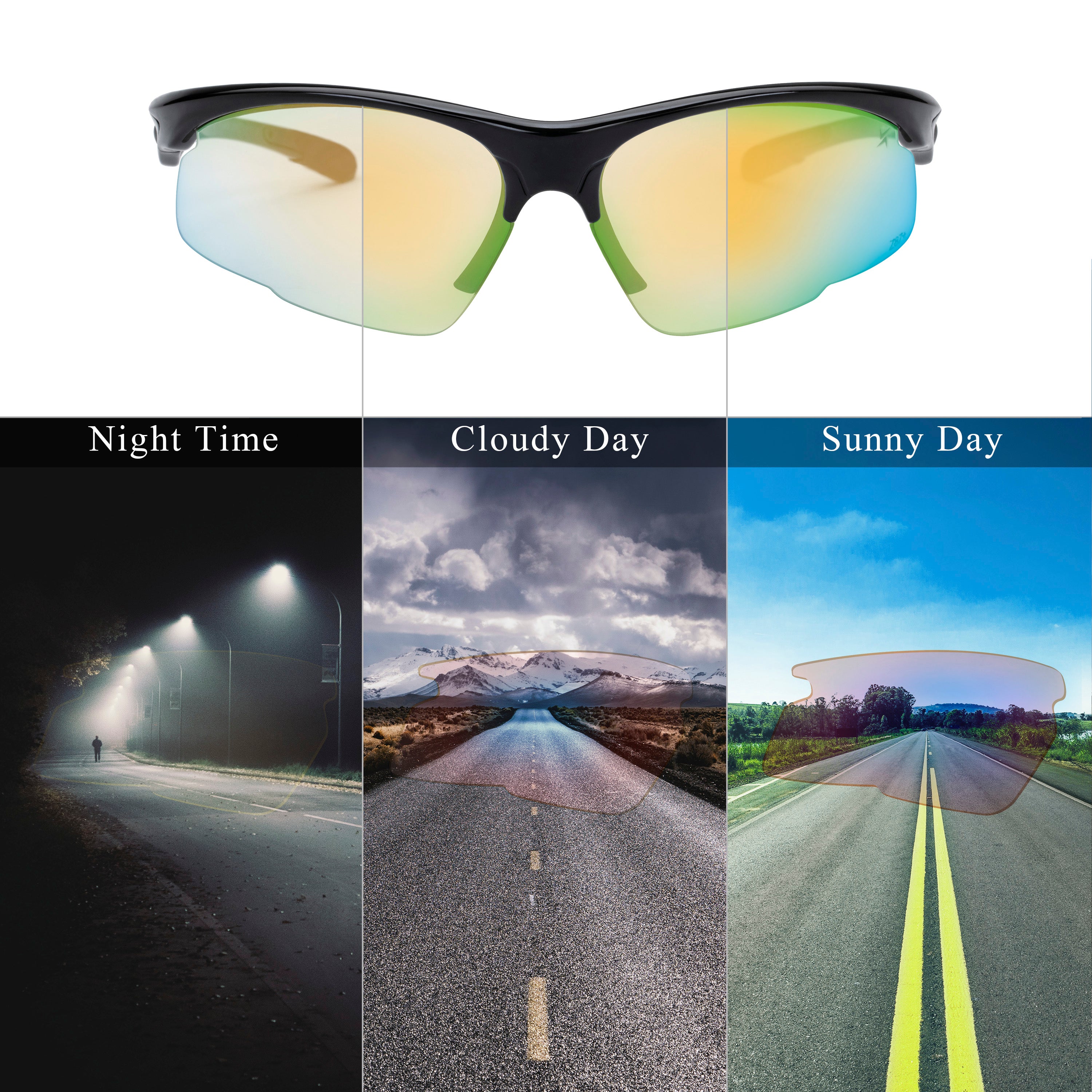Clear to Brown Photochromic Lens with Gold Mirror Coating Black Half Frame Wrap Around Sport Safety Sunglasses.