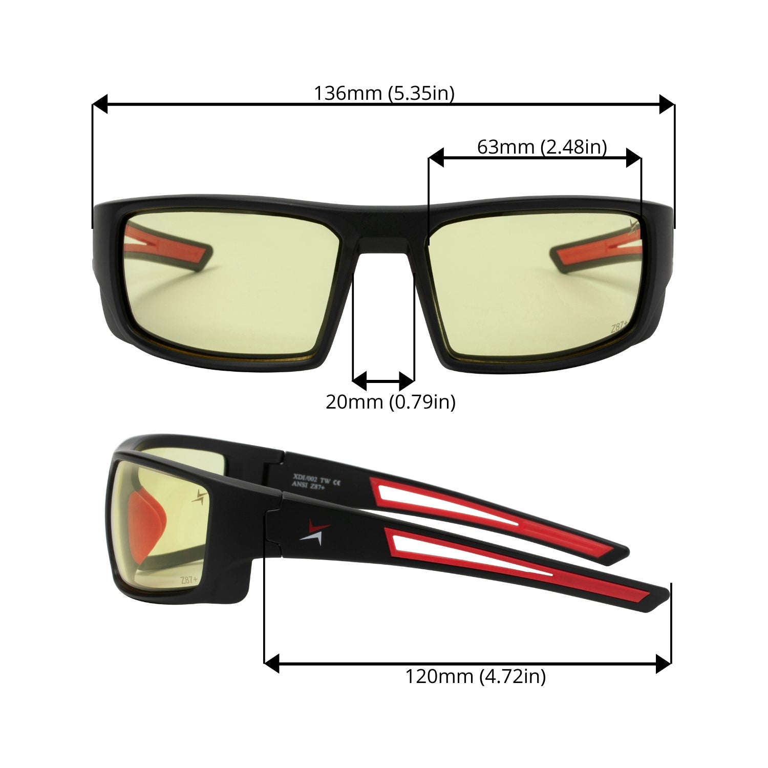 Yellow Tint Lens Sport Safety Sunglasses with Red Rubber Accents.