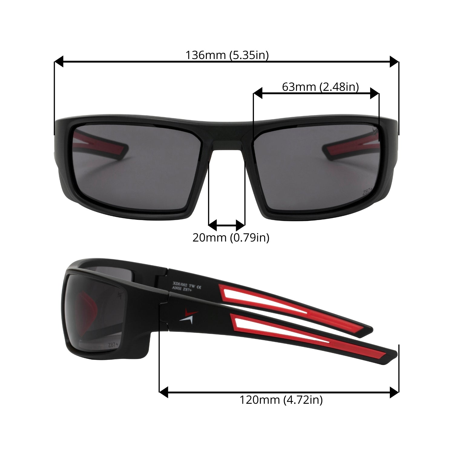 Dark Smoke Lens Sport Safety Sunglasses with Red Rubber Accents.