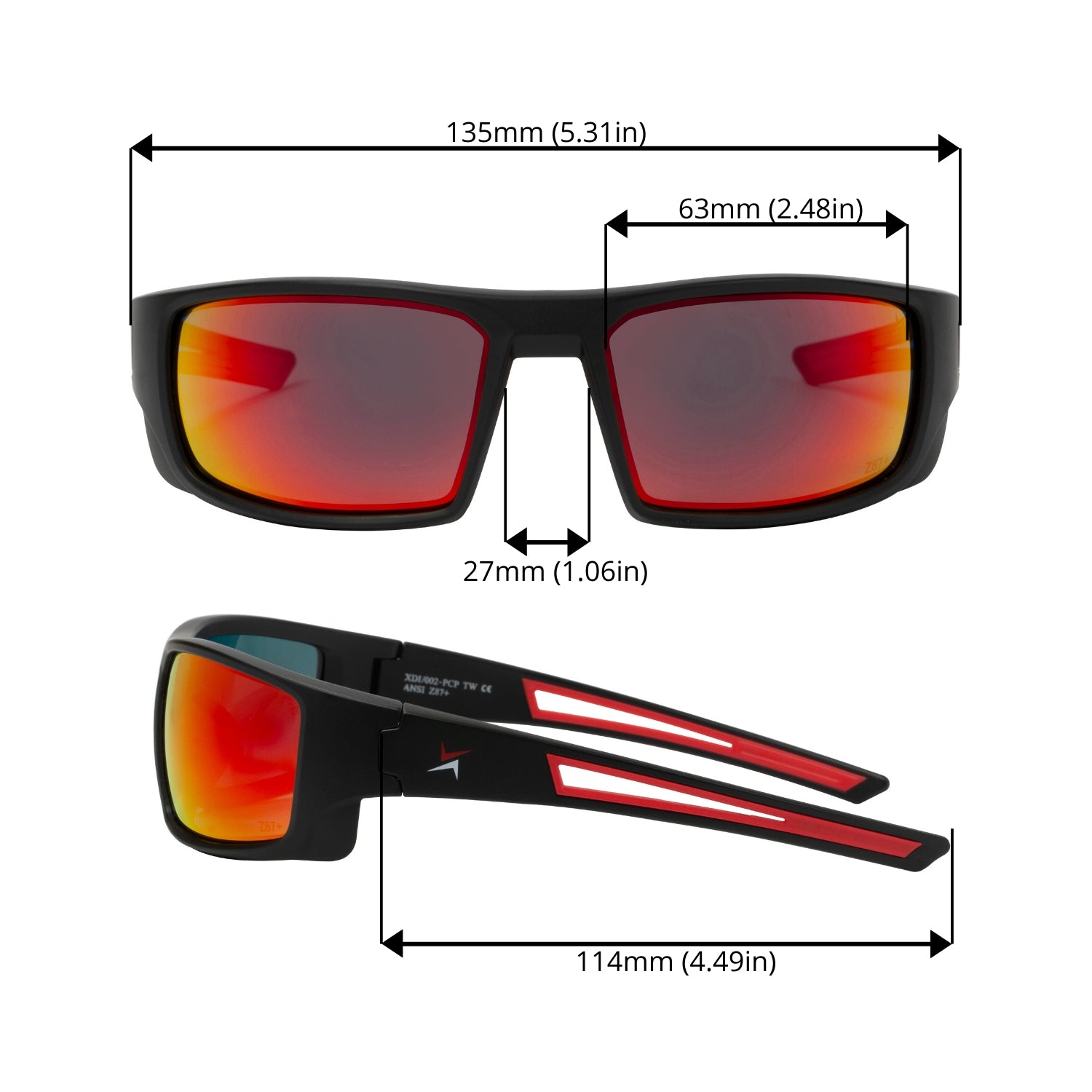 Polycarbonate Polarized Red Mirror Lens Sport Safety Glasses with Red Rubber Accents.