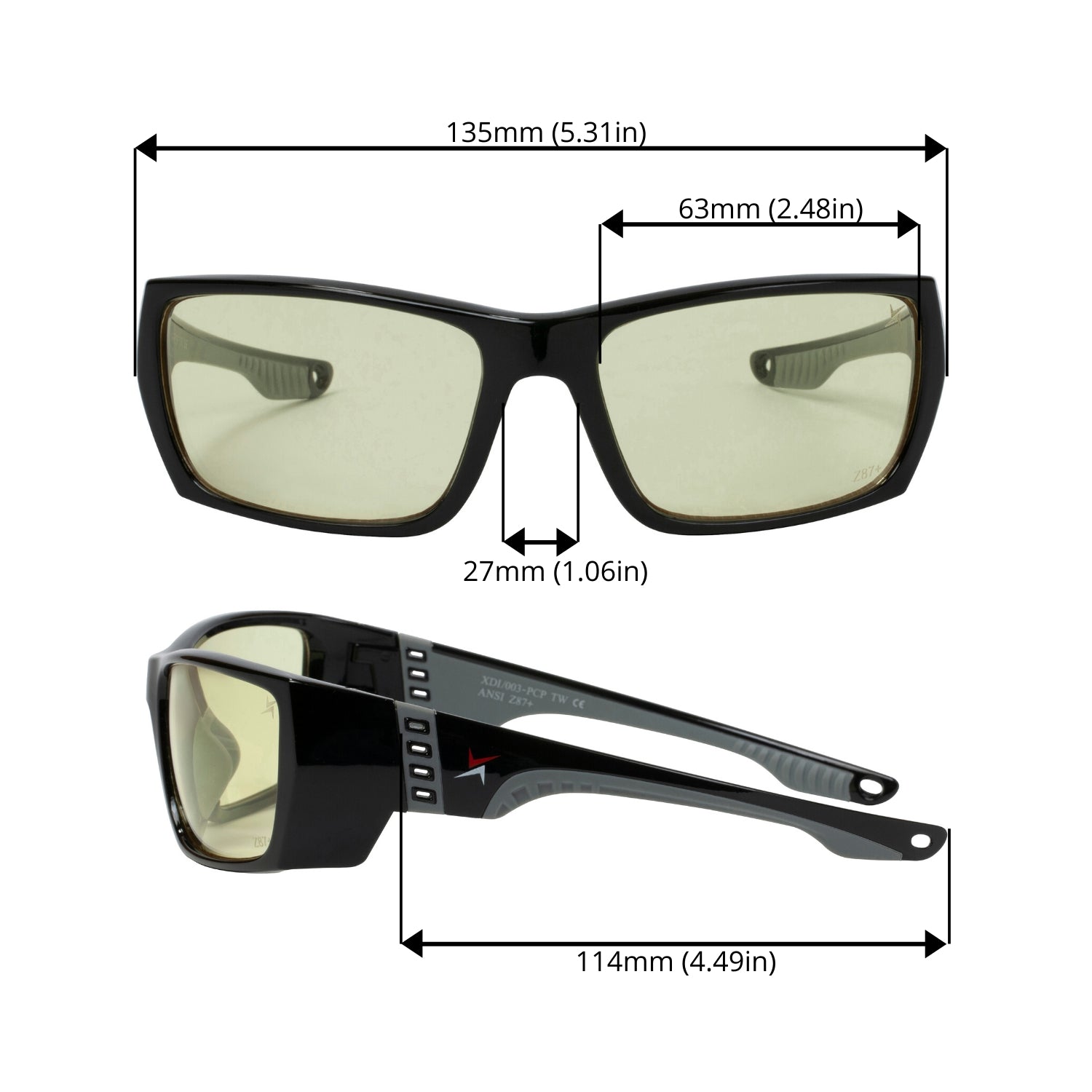Yellow Tint Lens Sport Safety Sunglasses with Grey Rubber Accents.