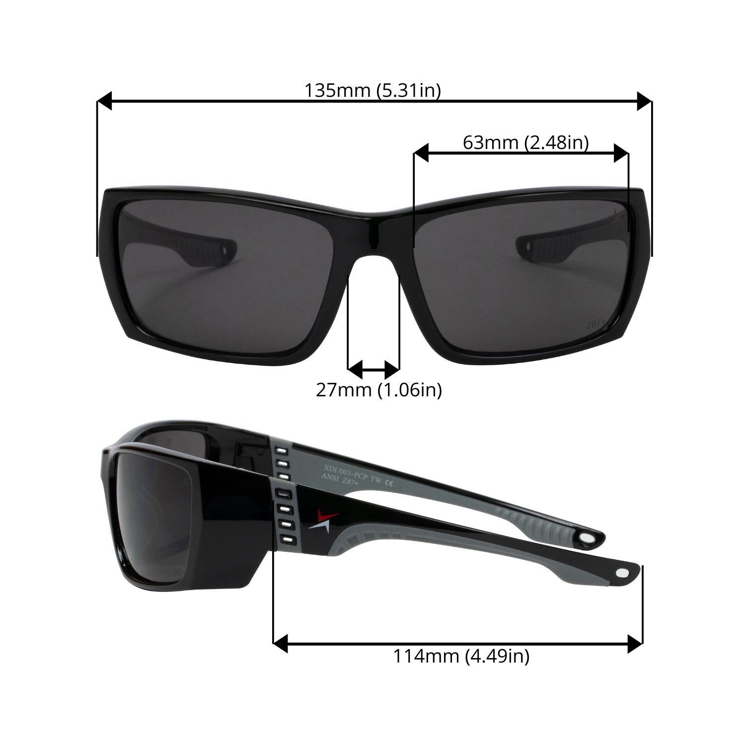 Dark Smoke Lens Sport Safety Sunglasses with Grey Rubber Accents.