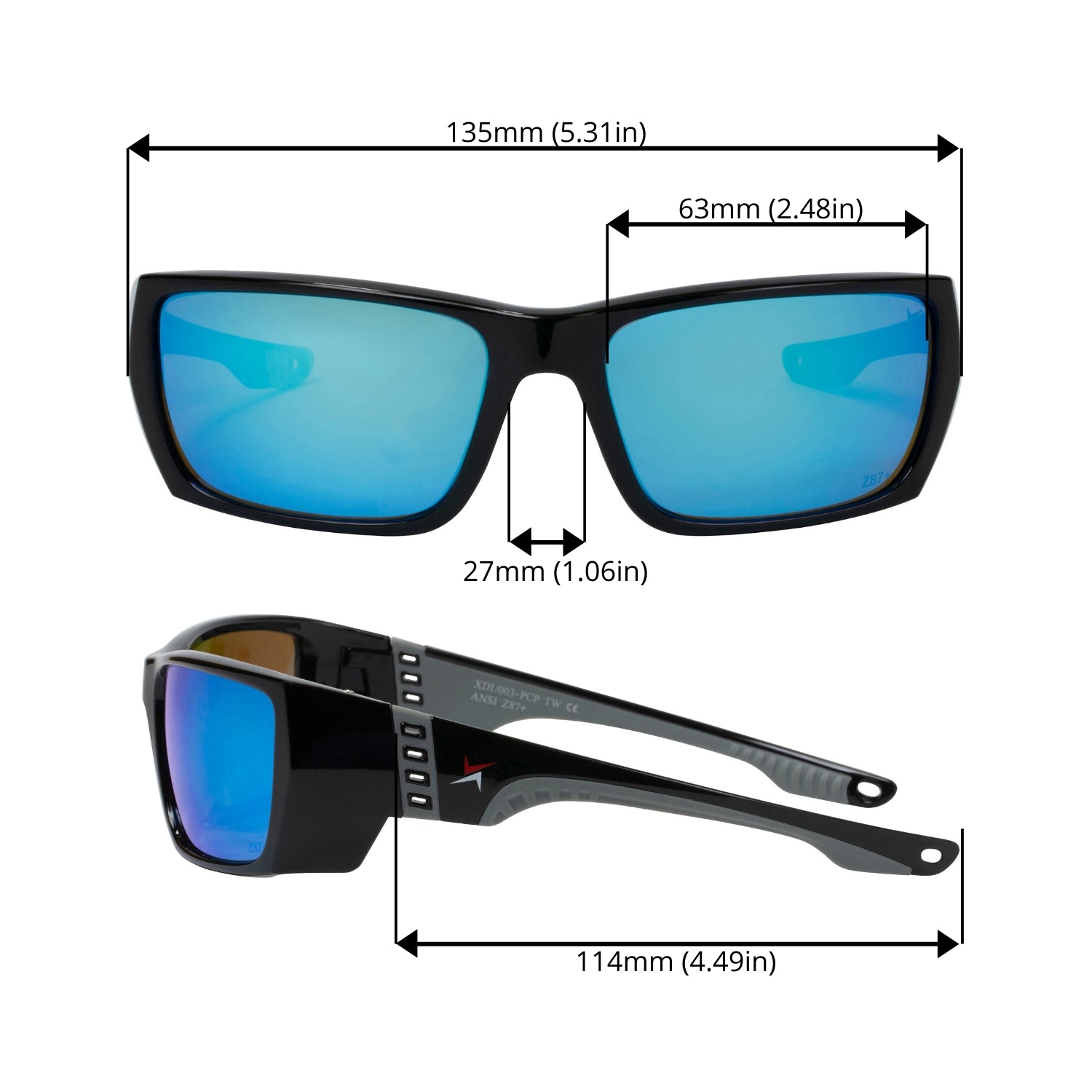 Polycarbonate Polarized Blue Mirror Lens Sport Safety Sunglasses with Grey Rubber Accents.