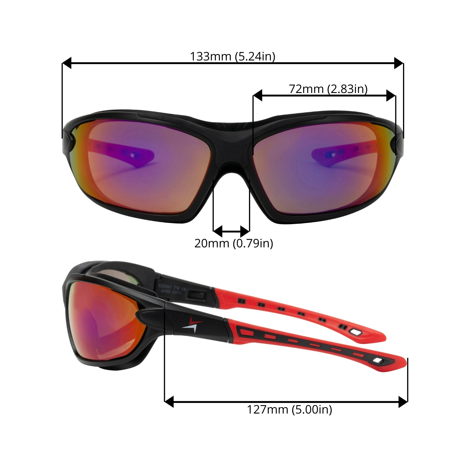 Polycarbonate Polarized Red Mirror Lens Sport Safety Sunglasses with Swappable Strap and Gasketed Goggle Padding.