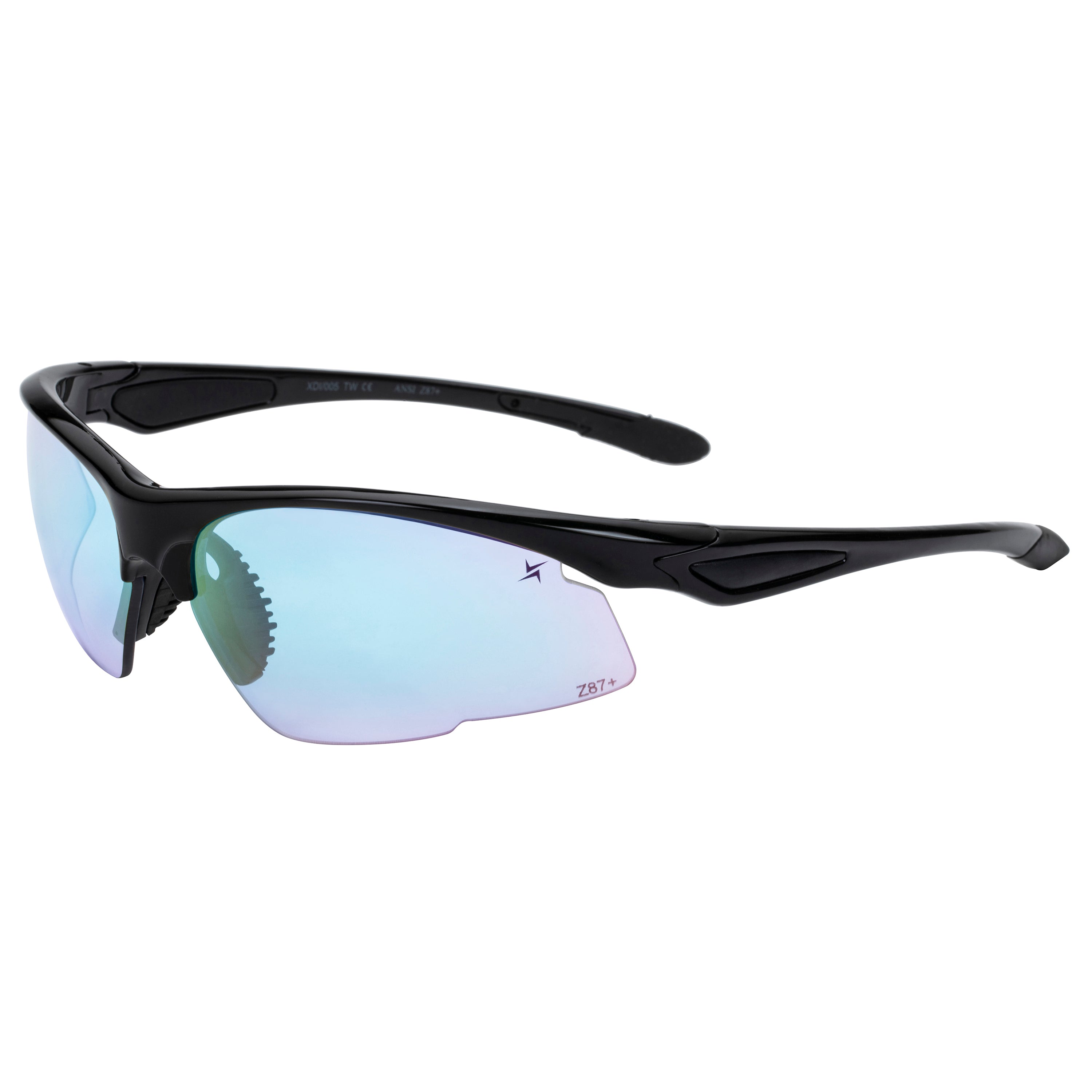 Clear to Grey Photochromic Lens with Blue Mirror Coating Black Half Frame Wrap Around Sport Safety Sunglasses.