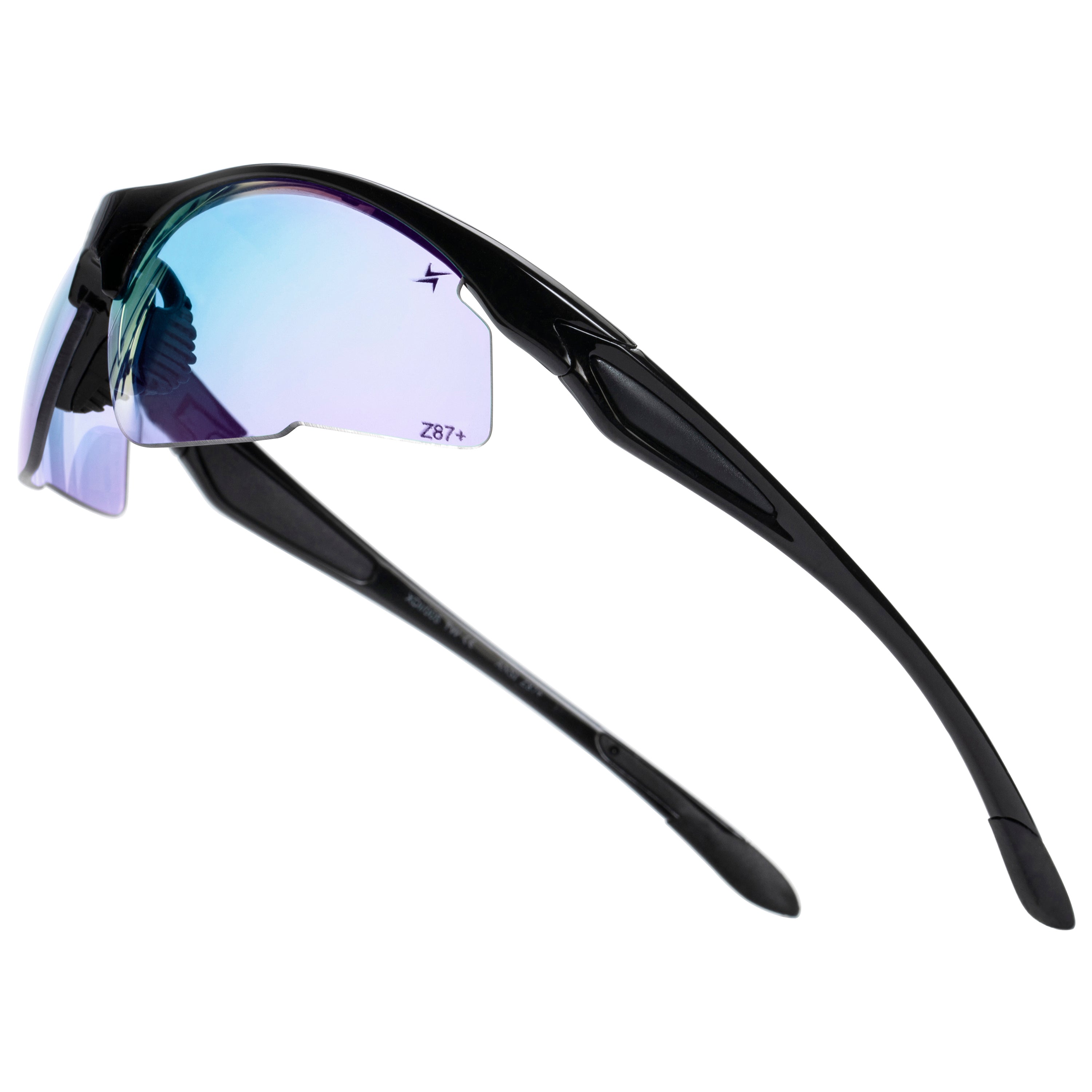 Clear to Grey Photochromic Lens with Blue Mirror Coating Black Half Frame Wrap Around Sport Safety Sunglasses.