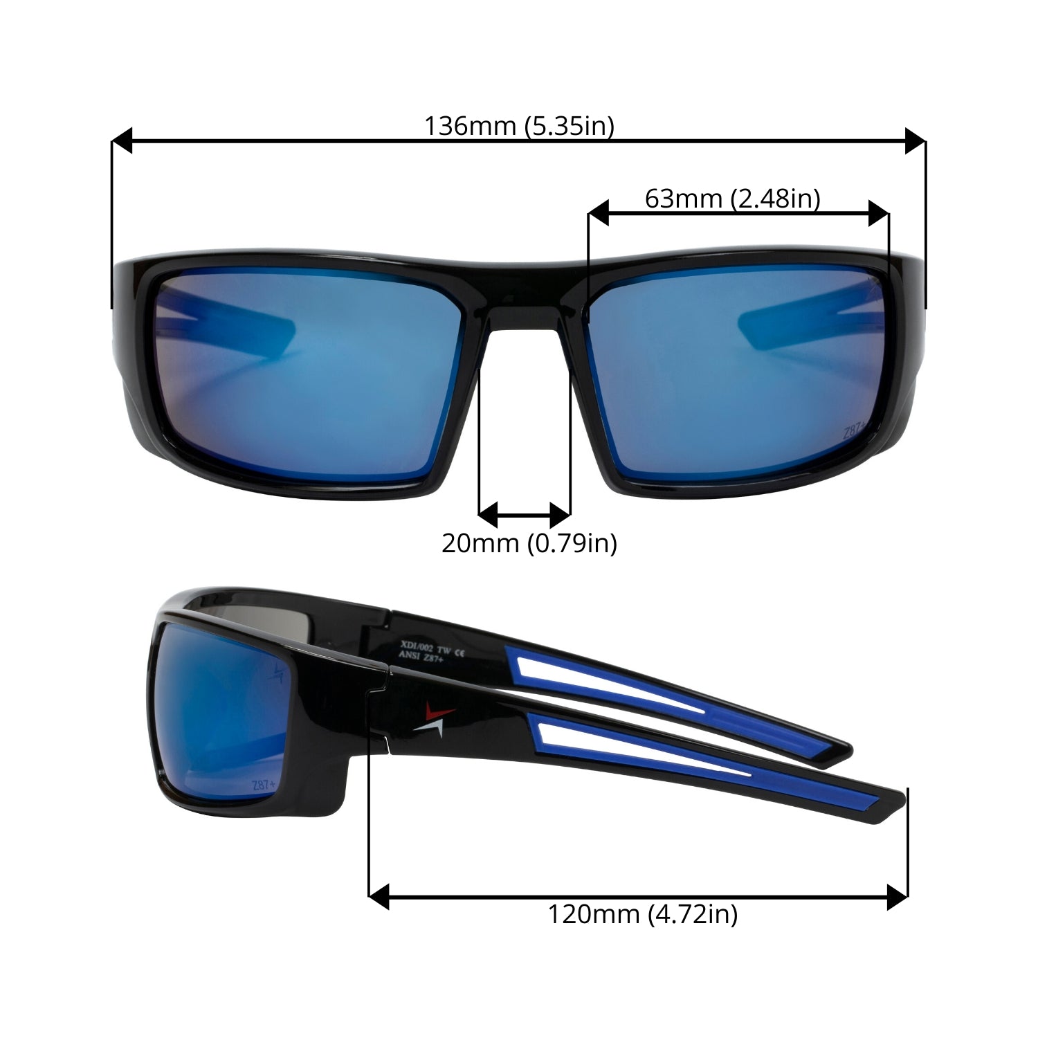 Blue Mirror Lens Sport Safety Sunglasses with Blue Rubber Accents.