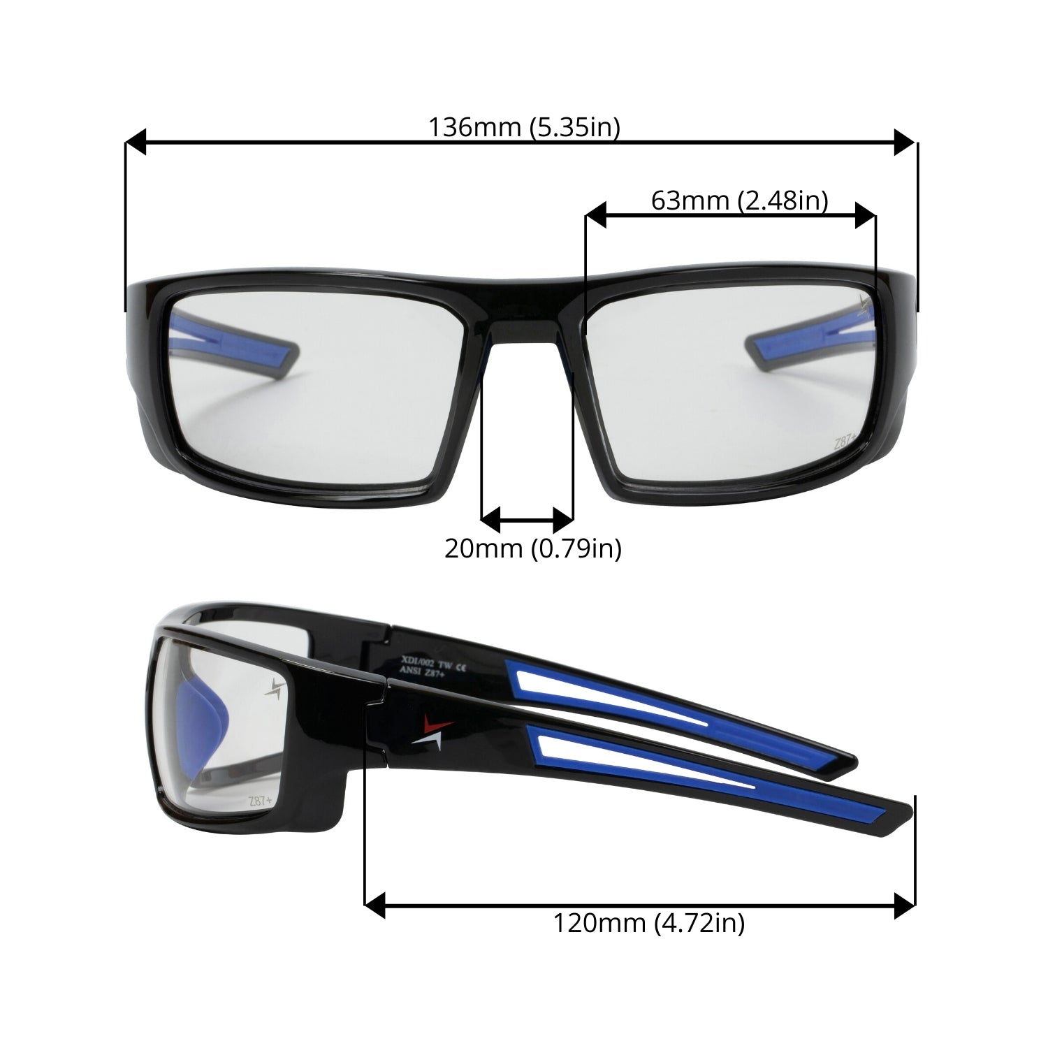 Clear Lens Sport Safety Sunglasses with Blue Rubber Accents.