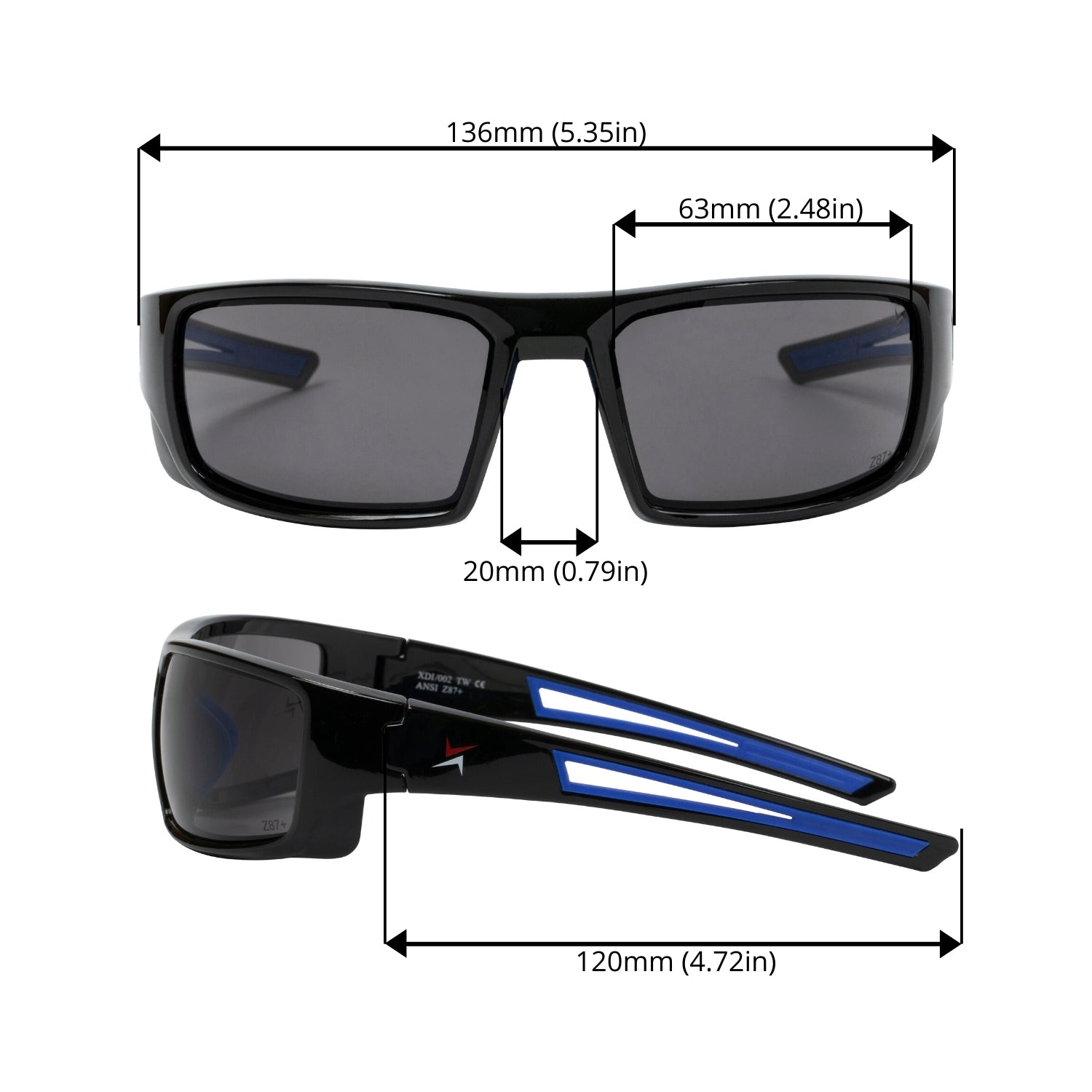 Dark Smoke Lens Sport Safety Sunglasses with Blue Rubber Accents.