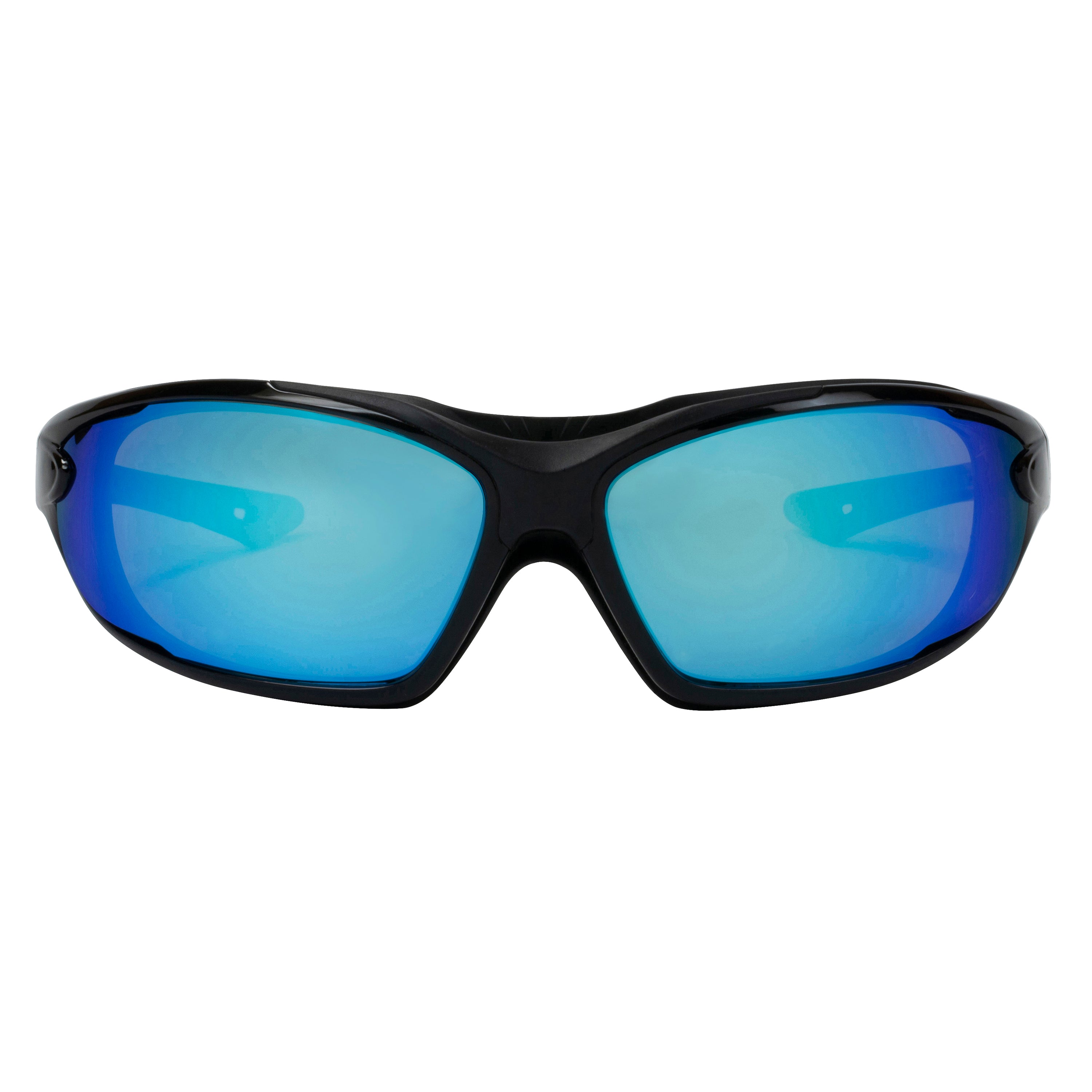 Polycarbonate Polarized Blue Mirror Lens Sport Safety Sunglasses with Swappable Strap and Gasketed Goggle Padding.