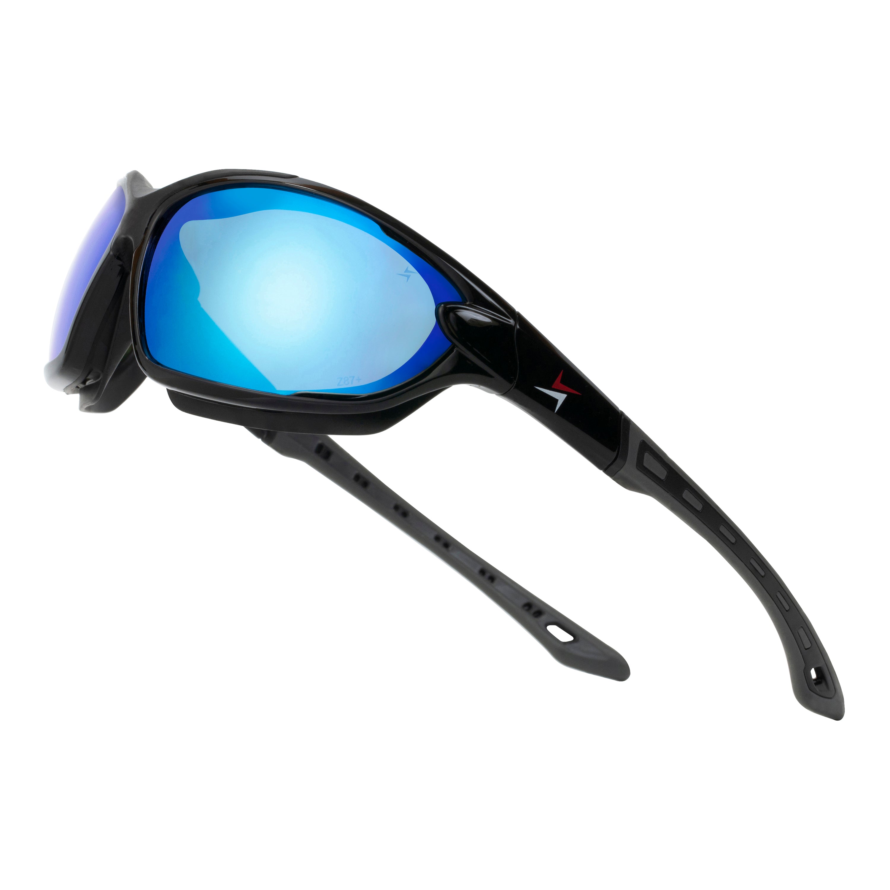 Polycarbonate Polarized Blue Mirror Lens Sport Safety Sunglasses with Swappable Strap and Gasketed Goggle Padding.