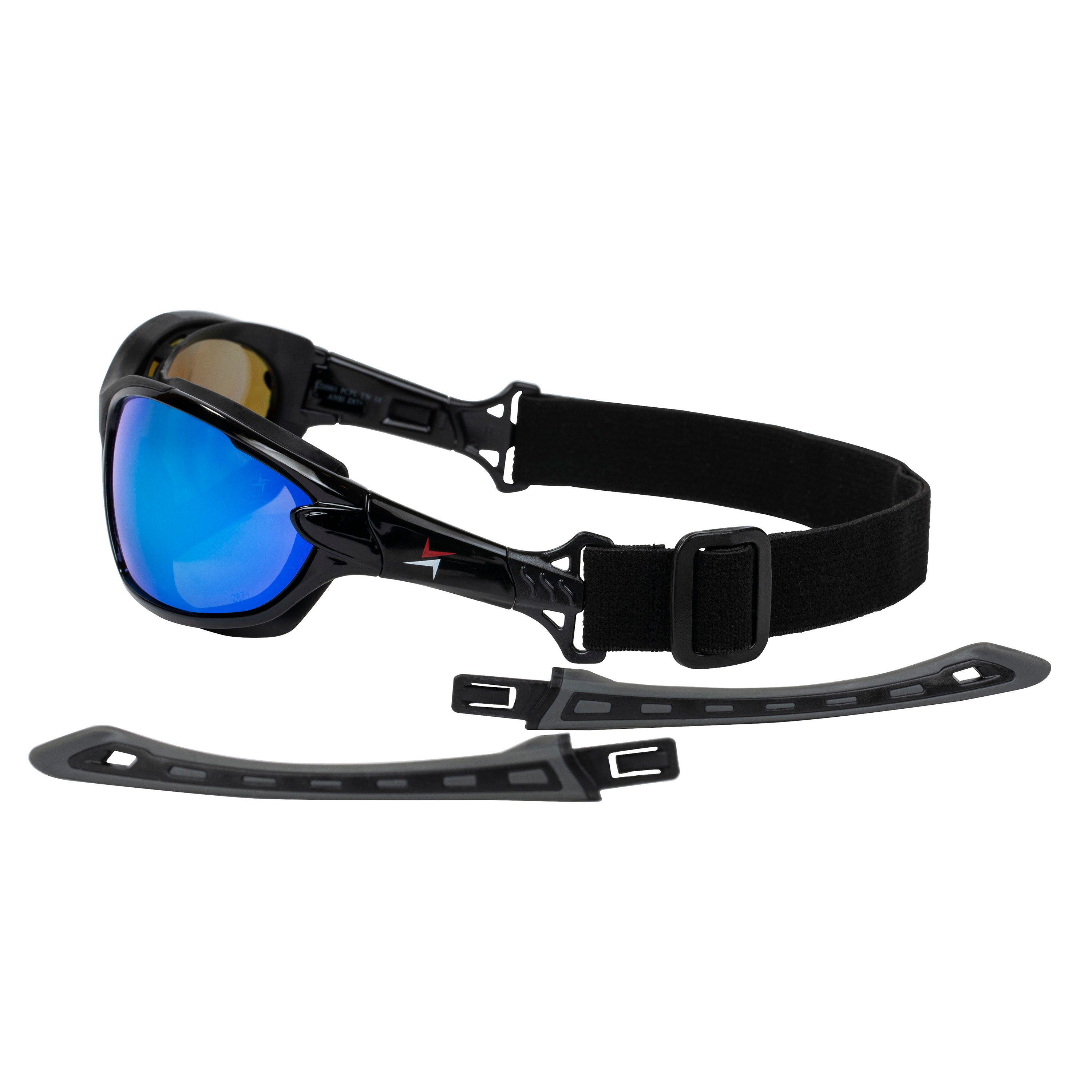 Polycarbonate Polarized Blue Mirror Lens Sport Safety Sunglasses with Swappable Strap and Gasketed Goggle Padding.