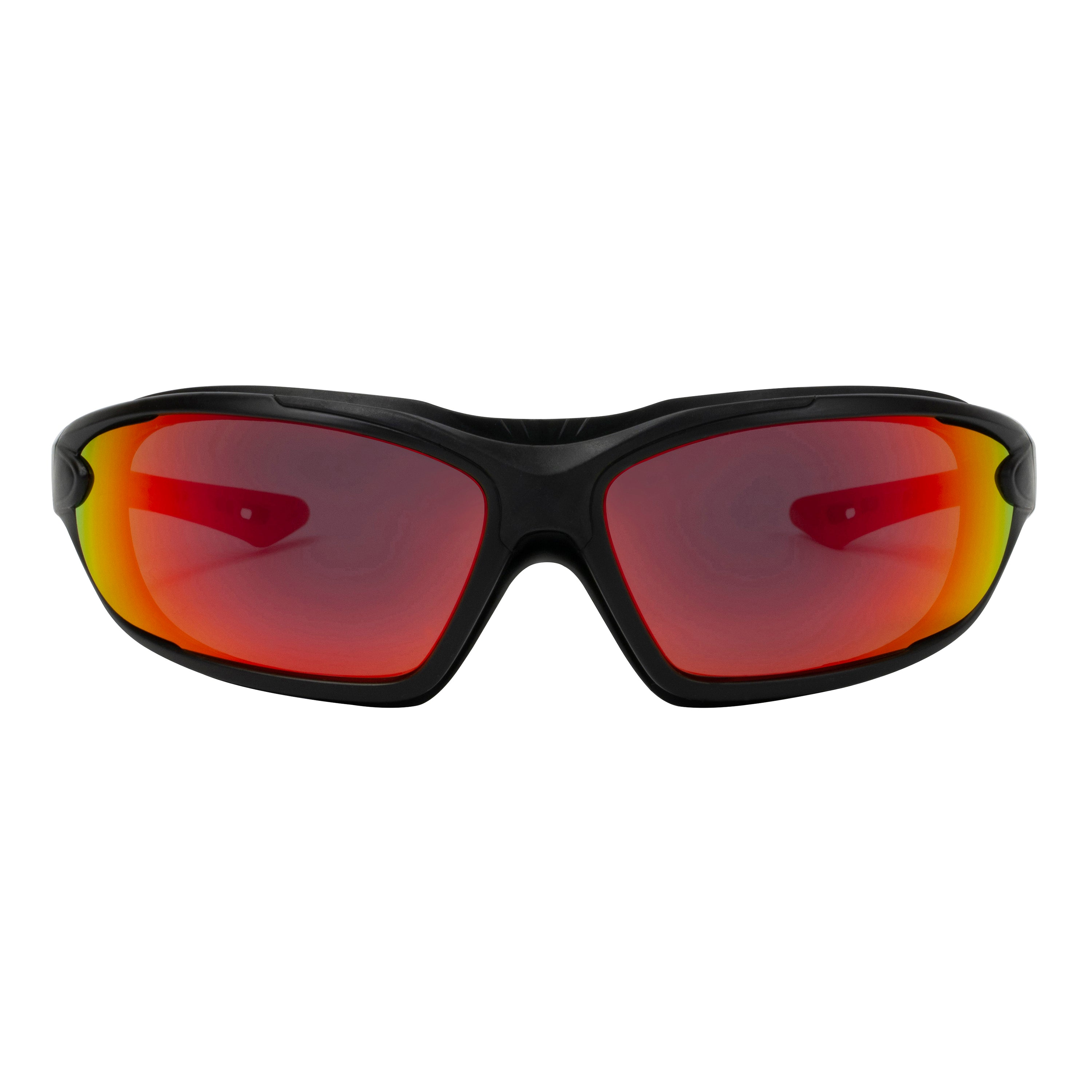 Polycarbonate Polarized Red Mirror Lens Sport Safety Sunglasses with Swappable Strap and Gasketed Goggle Padding.