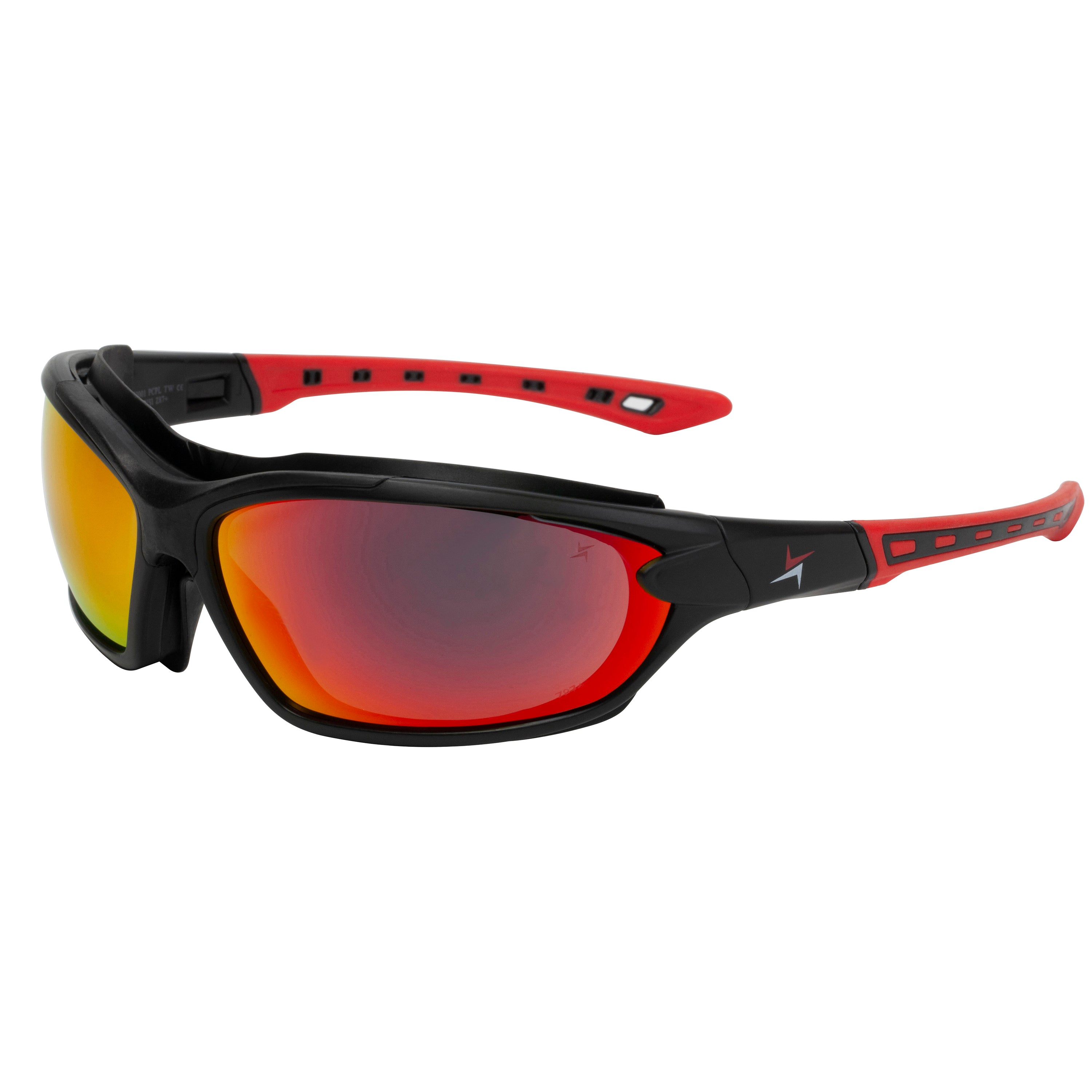 Polycarbonate Polarized Red Mirror Lens Sport Safety Sunglasses with Swappable Strap and Gasketed Goggle Padding.