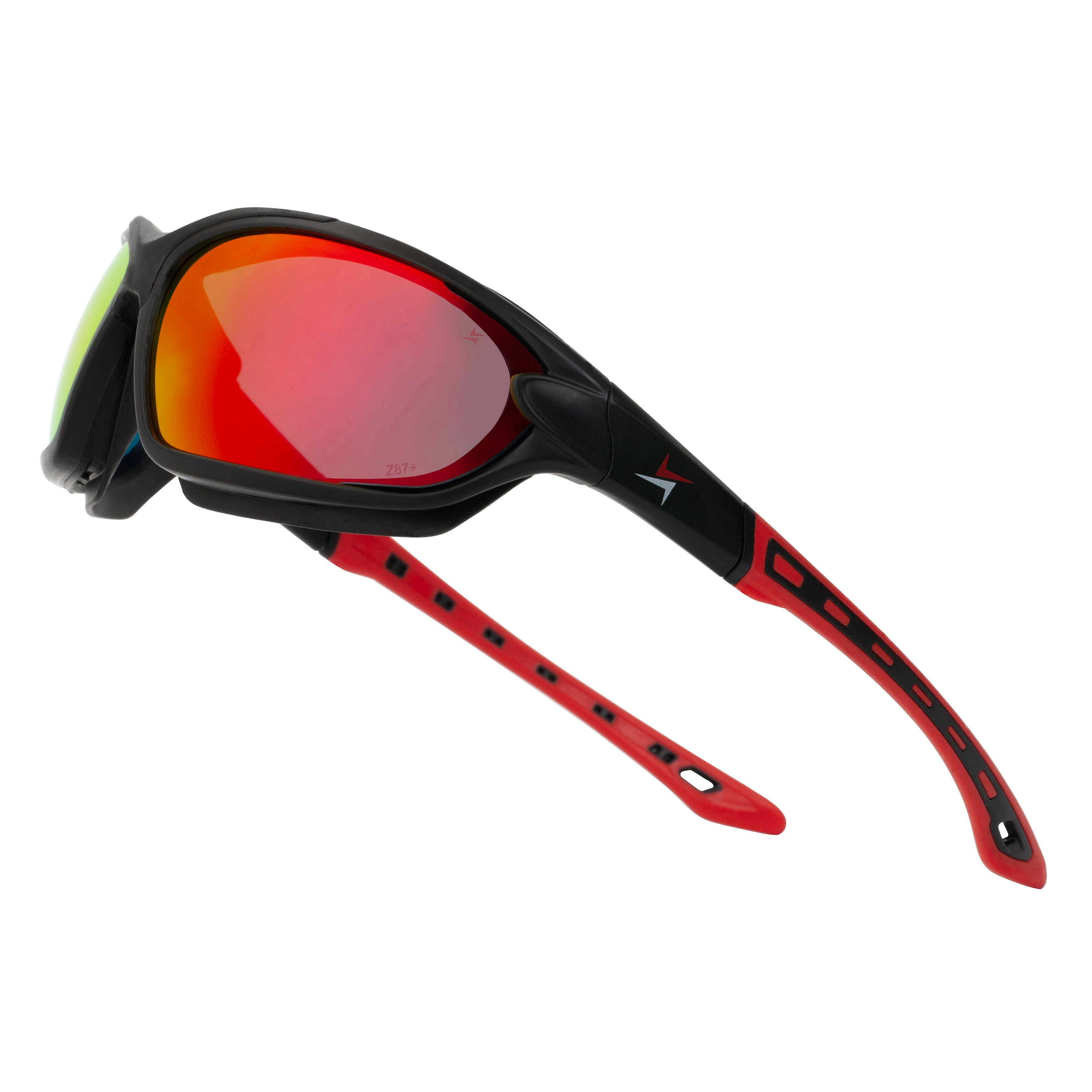Polycarbonate Polarized Red Mirror Lens Sport Safety Sunglasses with Swappable Strap and Gasketed Goggle Padding.