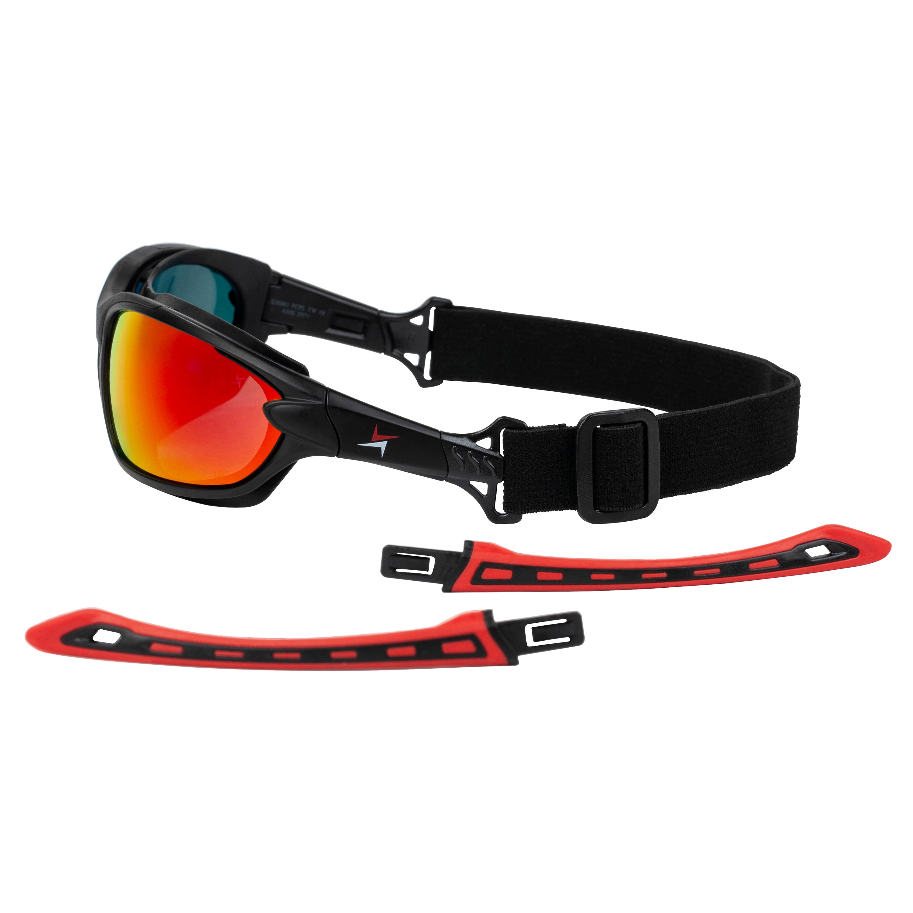 Polycarbonate Polarized Red Mirror Lens Sport Safety Sunglasses with Swappable Strap and Gasketed Goggle Padding.