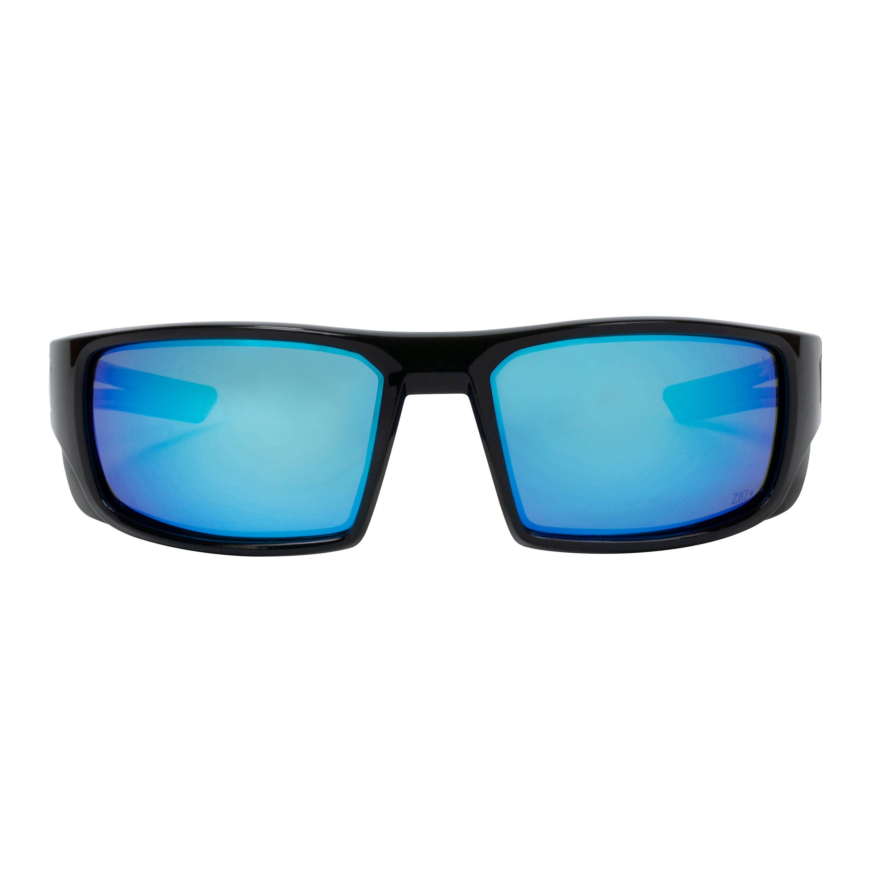 Polycarbonate Polarized Blue Mirror Lens Sport Safety Glasses with Blue Rubber Accents.
