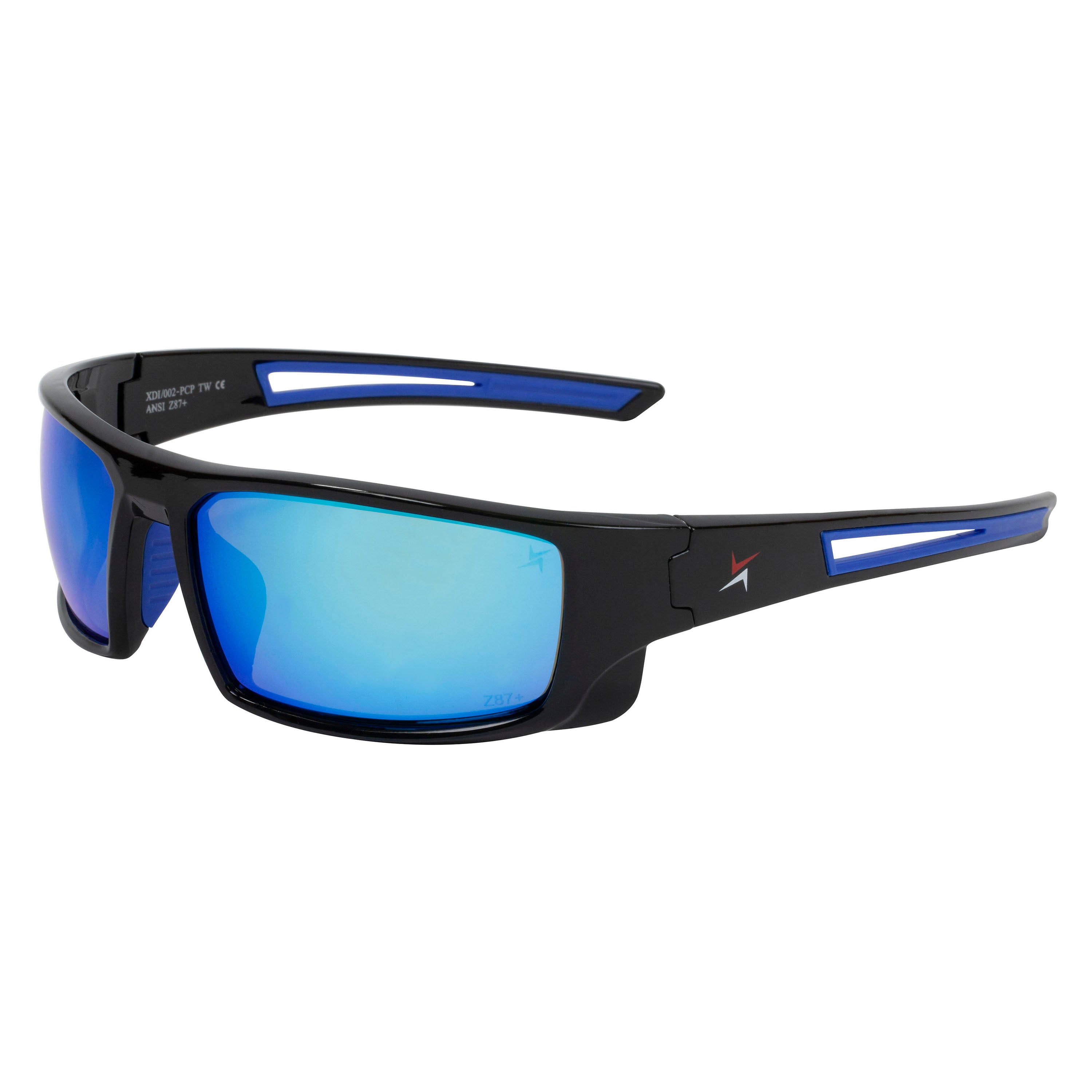 Polycarbonate Polarized Blue Mirror Lens Sport Safety Glasses with Blue Rubber Accents.