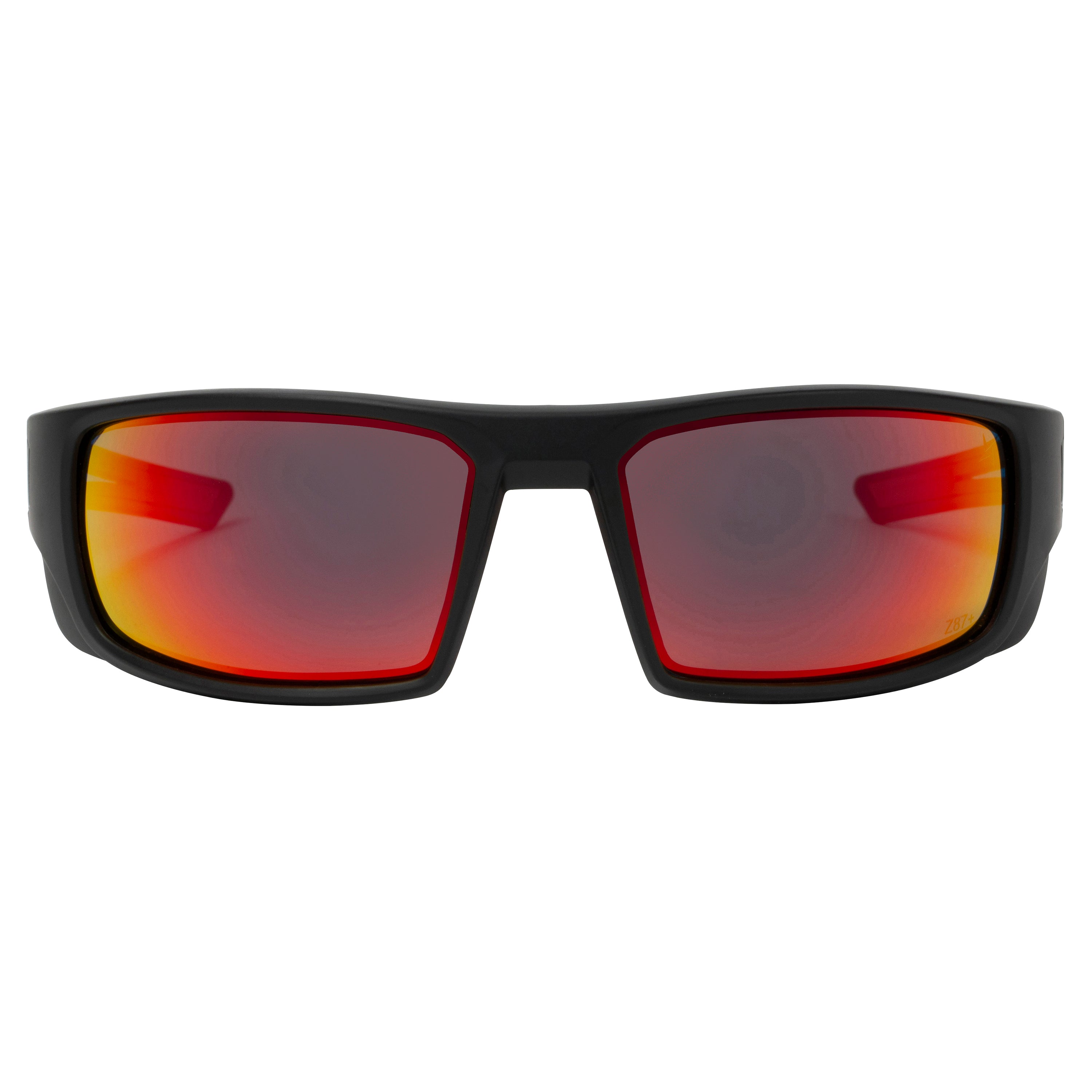 Polycarbonate Polarized Red Mirror Lens Sport Safety Glasses with Red Rubber Accents.