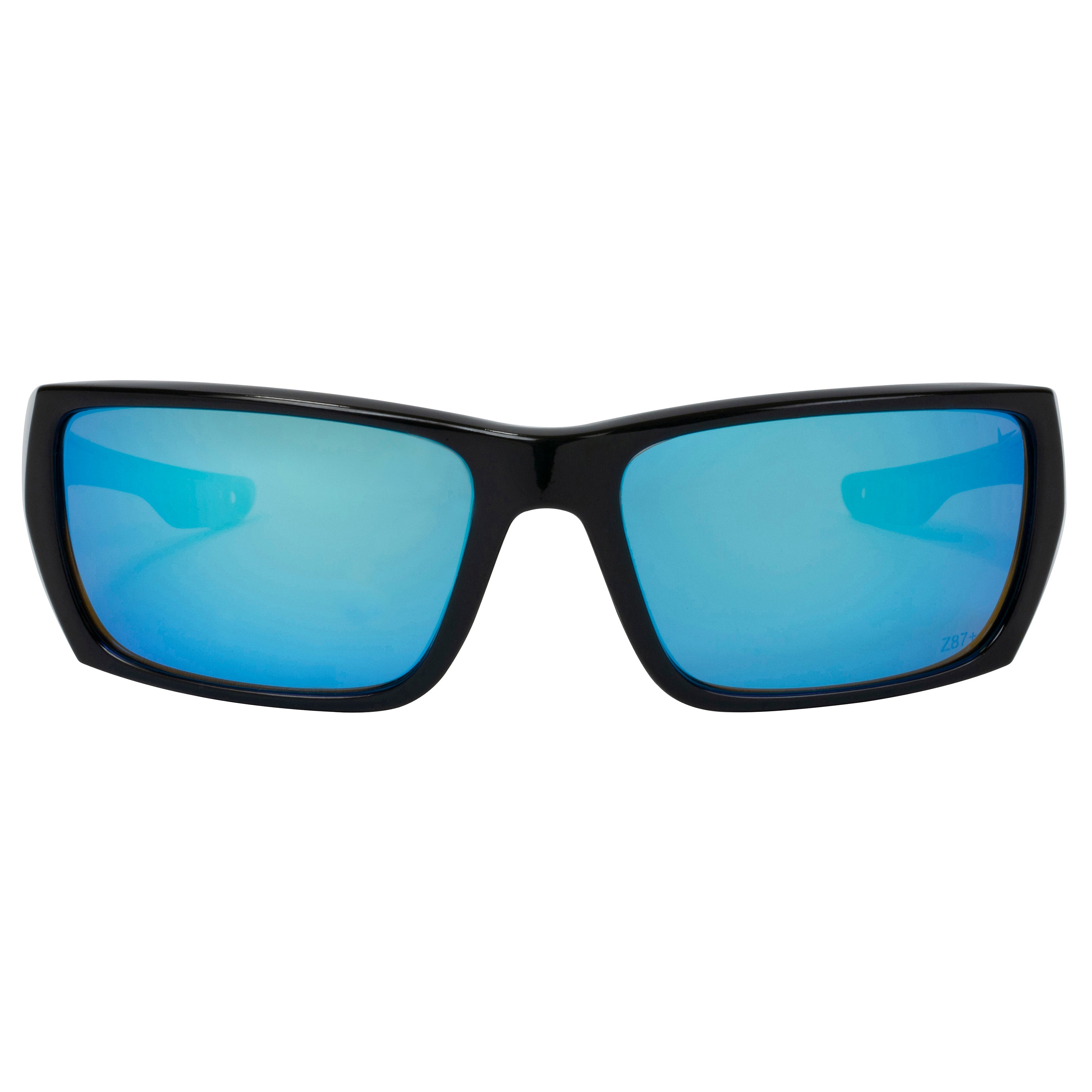 Polycarbonate Polarized Blue Mirror Lens Sport Safety Sunglasses with Grey Rubber Accents.
