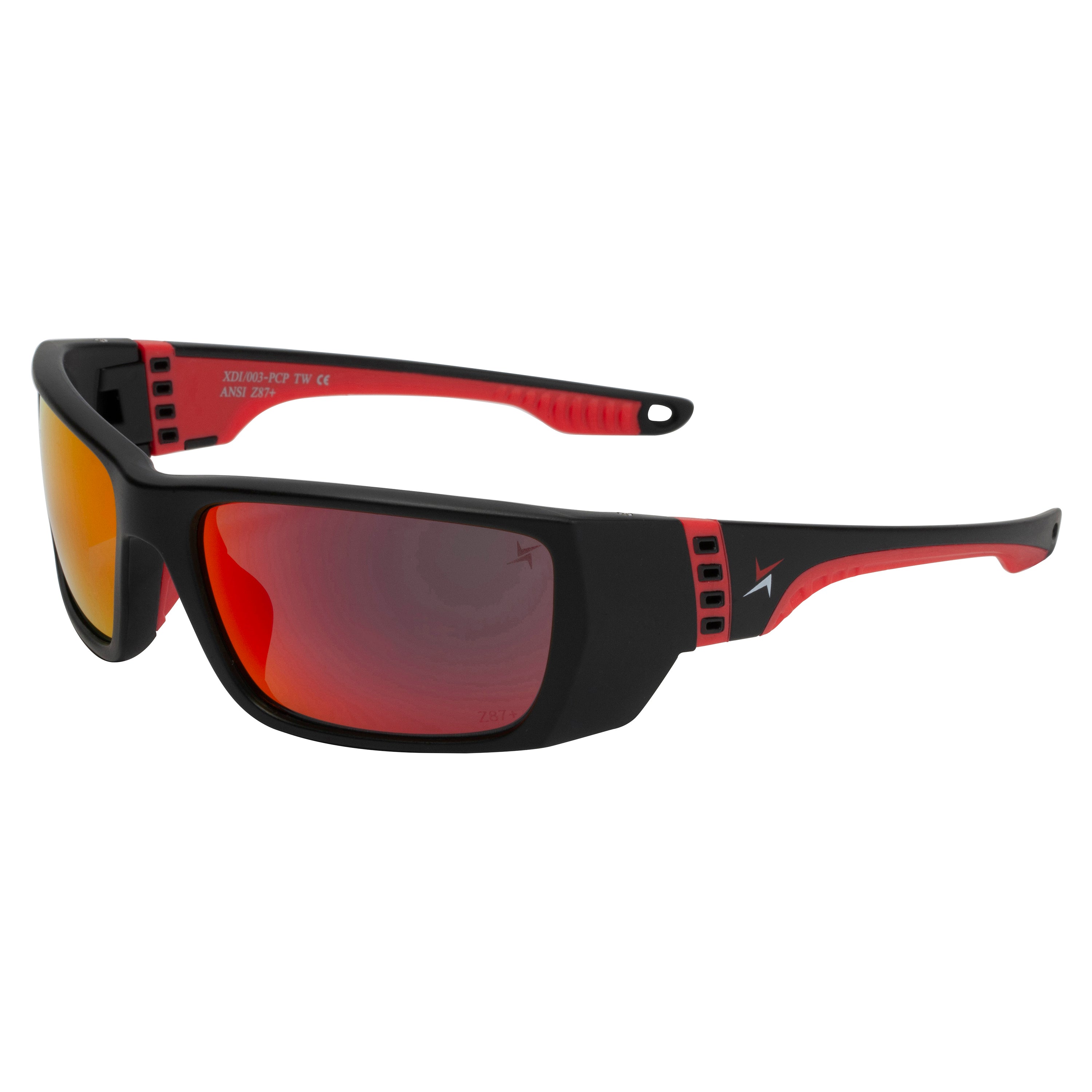 Polycarbonate Polarized Red Mirror Lens Sport Safety Sunglasses with Red Rubber Accents.
