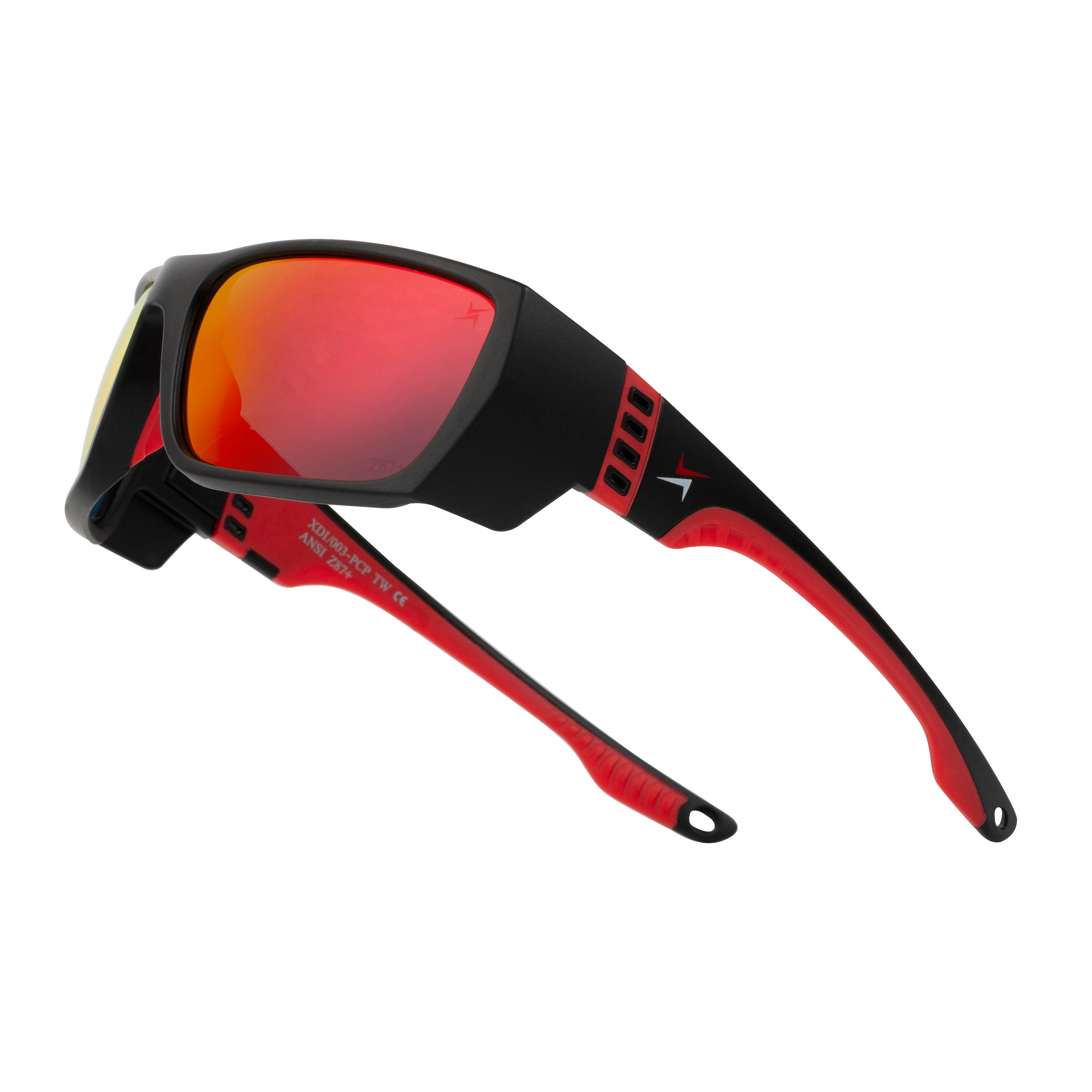 Polycarbonate Polarized Red Mirror Lens Sport Safety Sunglasses with Red Rubber Accents.