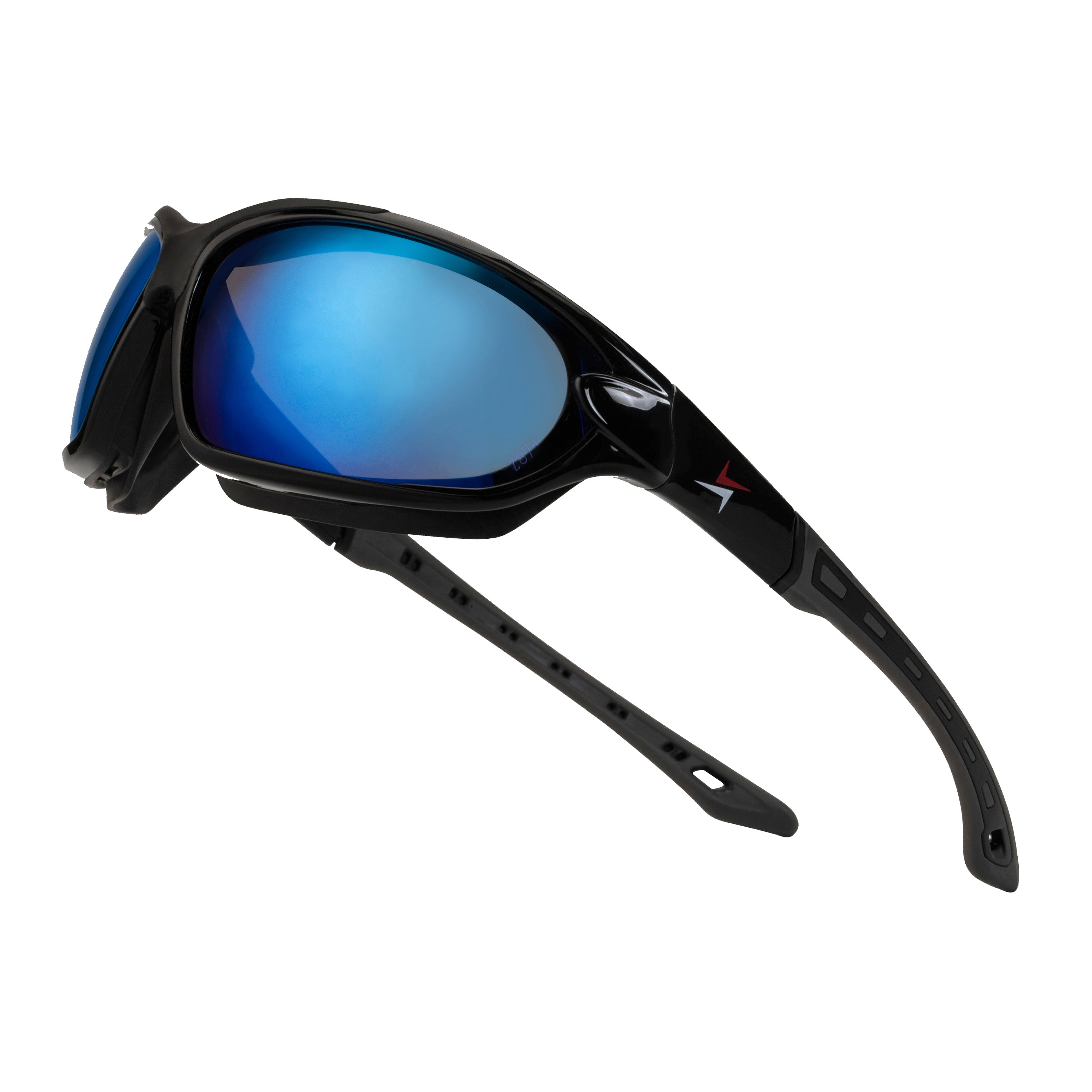 Blue Mirror Lens Sport Safety Sunglasses with Swappable Strap and Gasketed Goggle Padding.