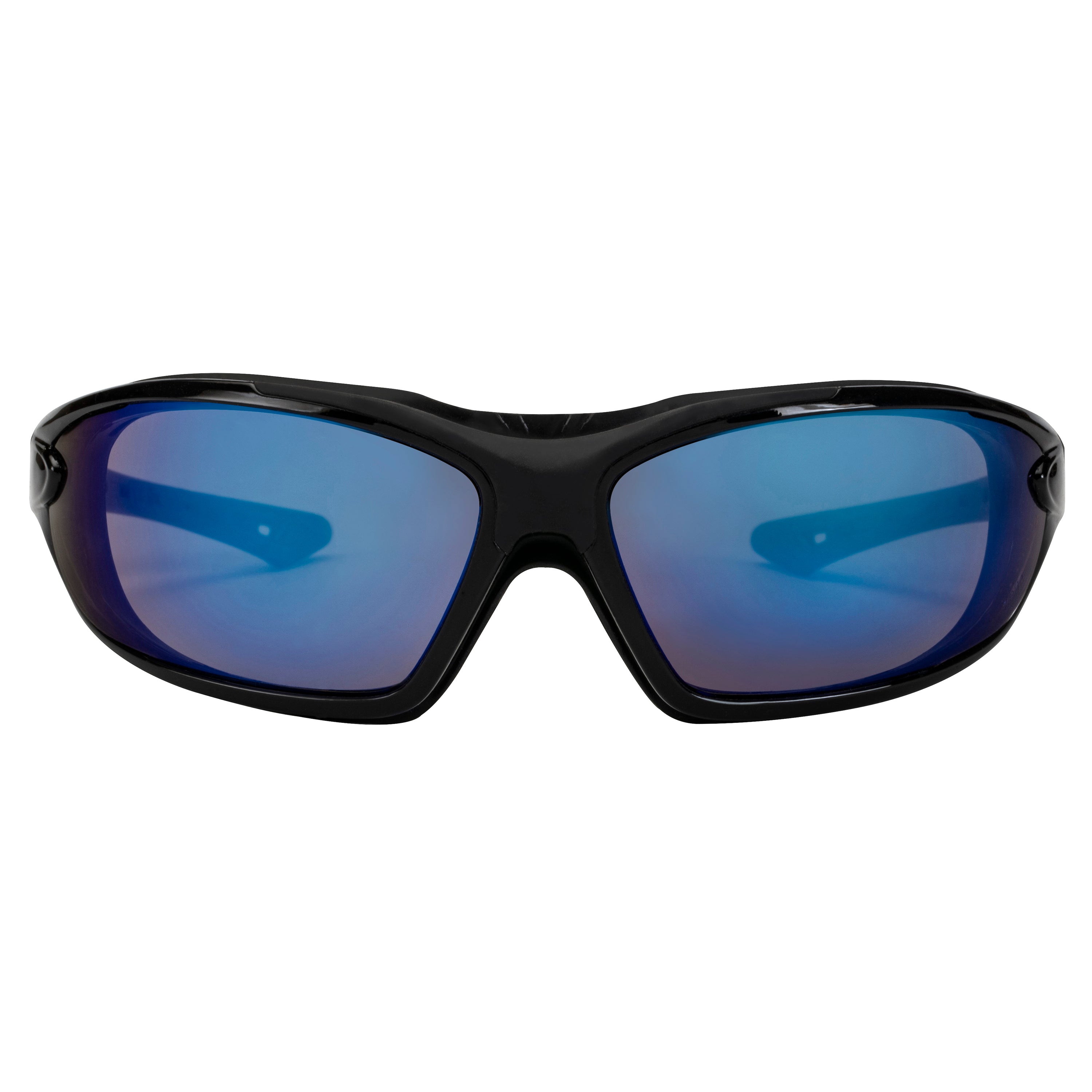 Blue Mirror Lens Sport Safety Sunglasses with Swappable Strap and Gasketed Goggle Padding.