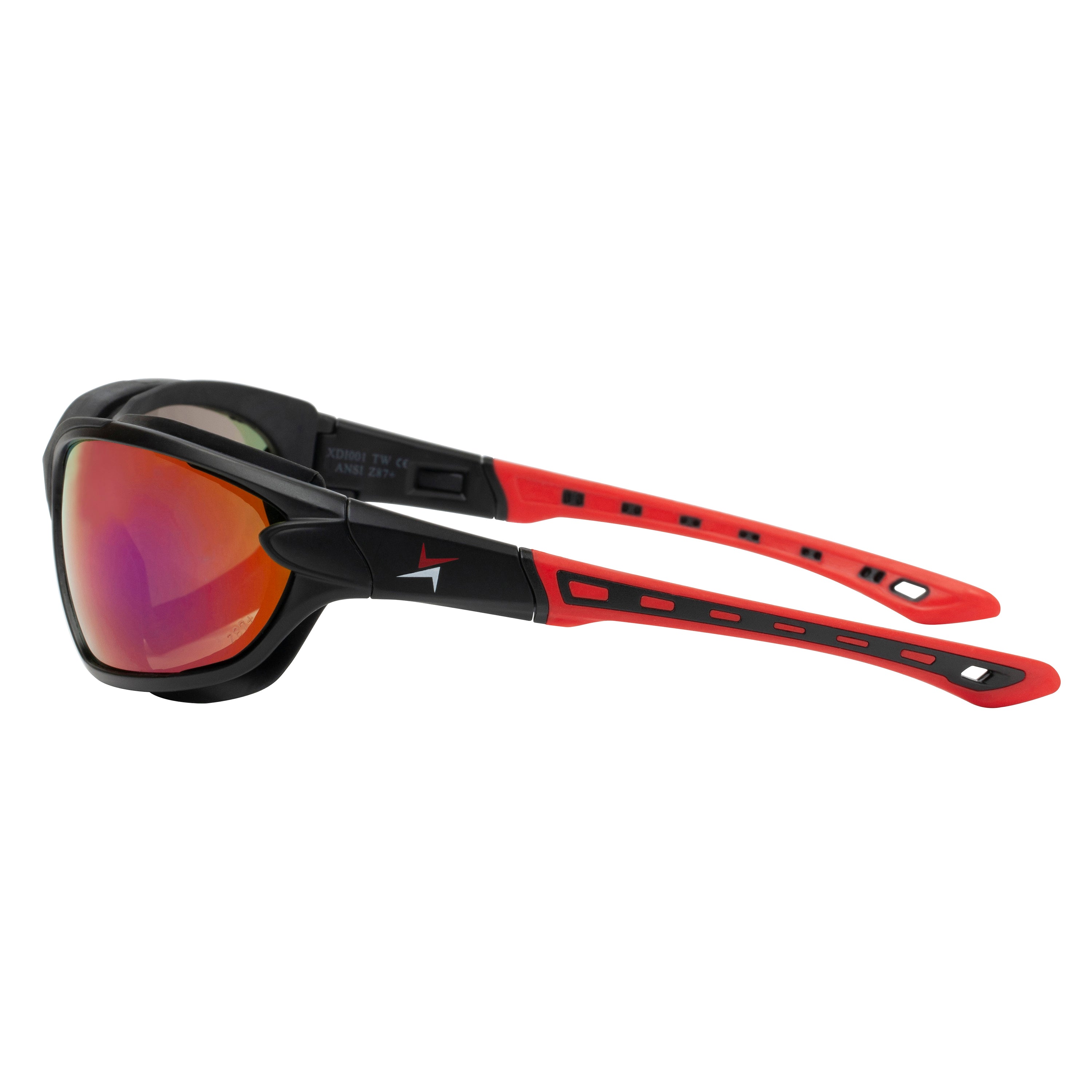 Red Mirror Lens Sport Safety Sunglasses with Swappable Strap and Gasketed Goggle Padding.