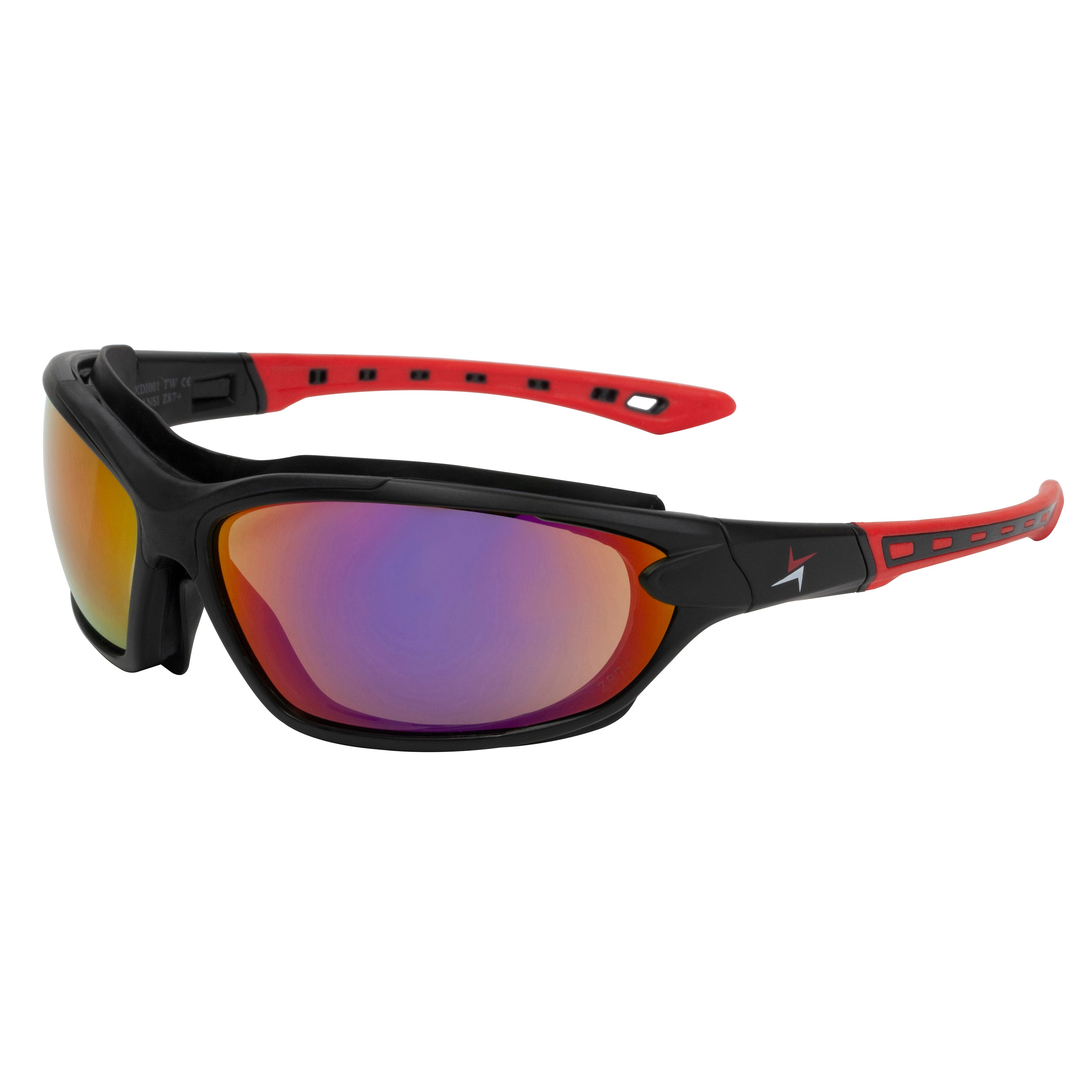 Red Mirror Lens Sport Safety Sunglasses with Swappable Strap and Gasketed Goggle Padding.