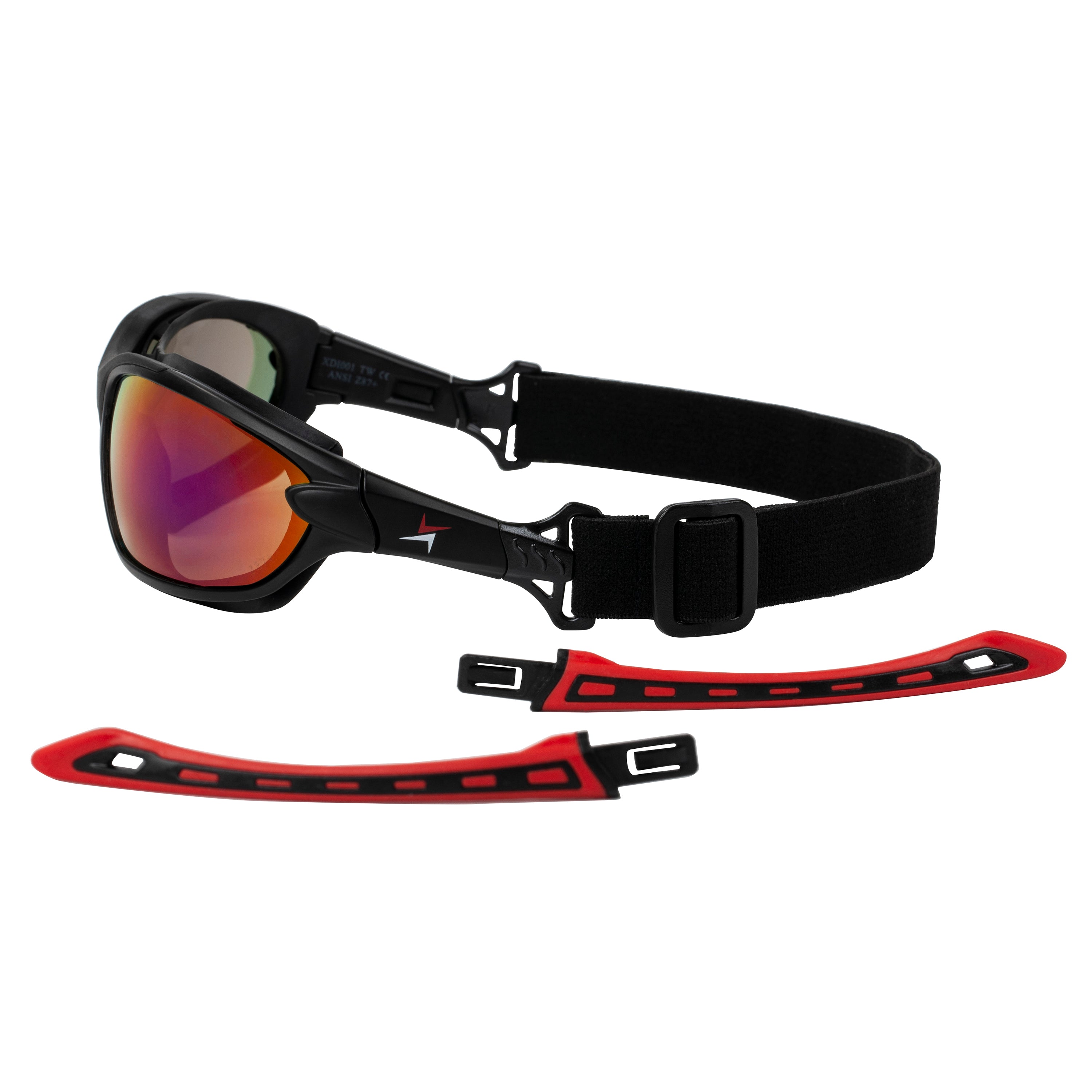 Red Mirror Lens Sport Safety Sunglasses with Swappable Strap and Gasketed Goggle Padding.