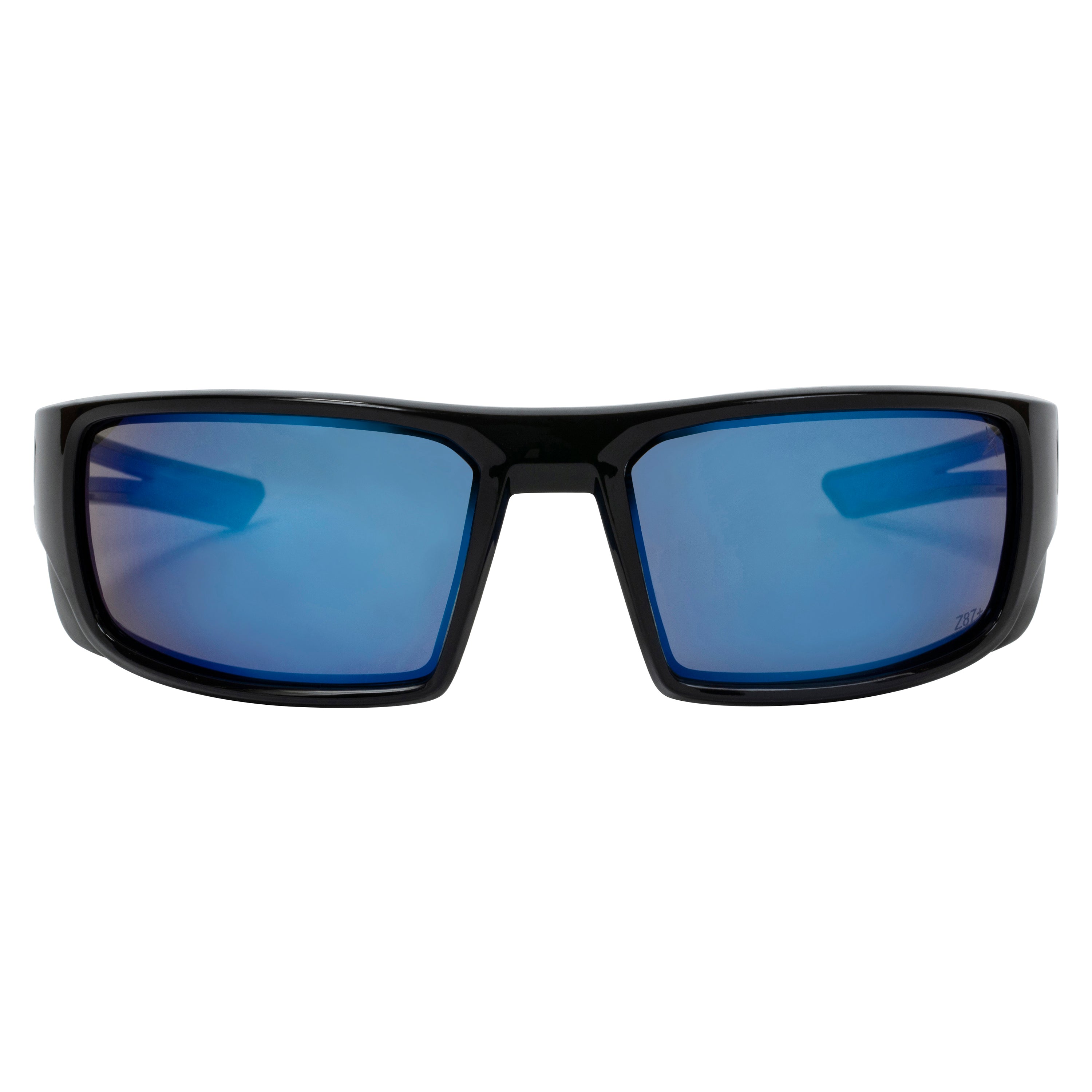 Blue Mirror Lens Sport Safety Sunglasses with Blue Rubber Accents.