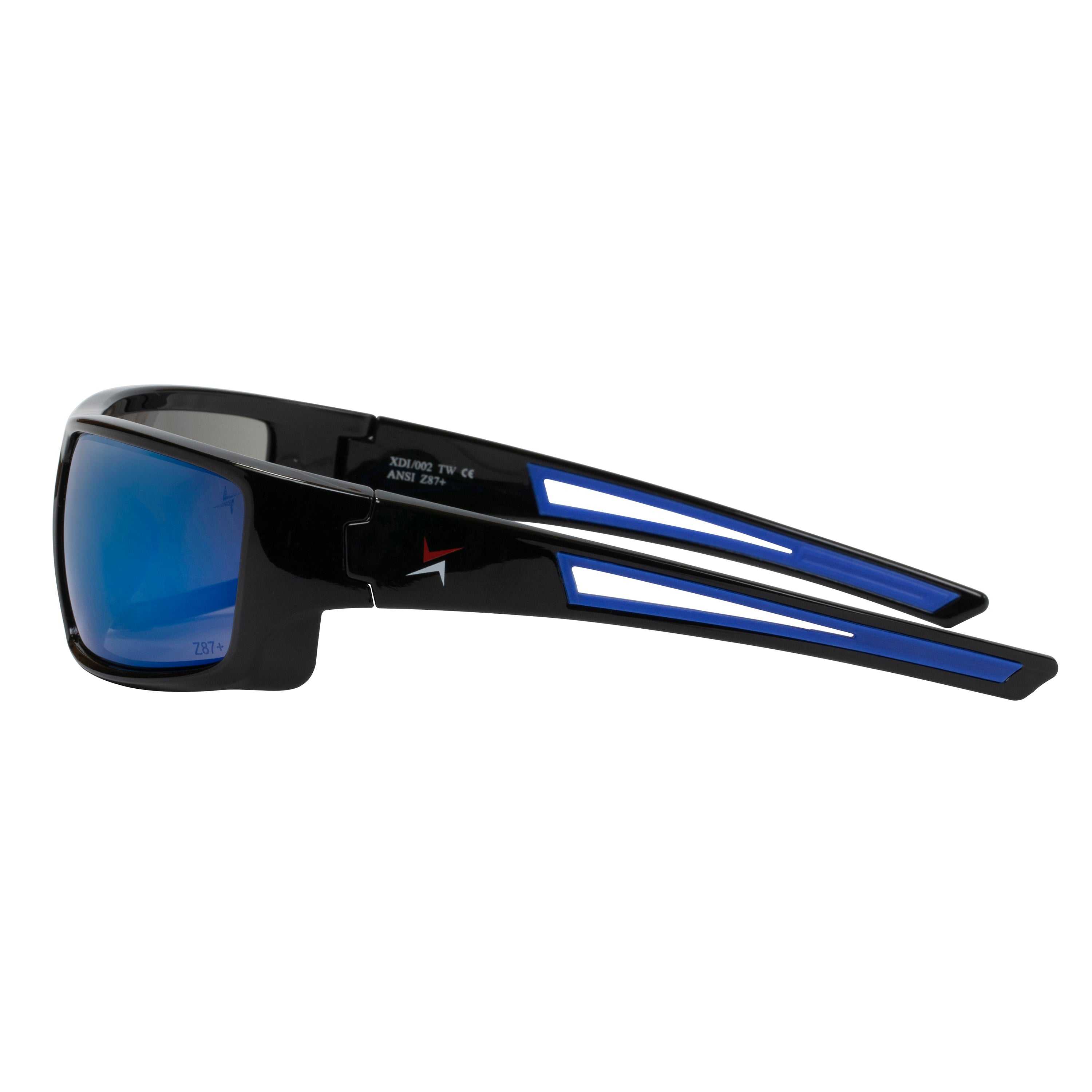 Blue Mirror Lens Sport Safety Sunglasses with Blue Rubber Accents.