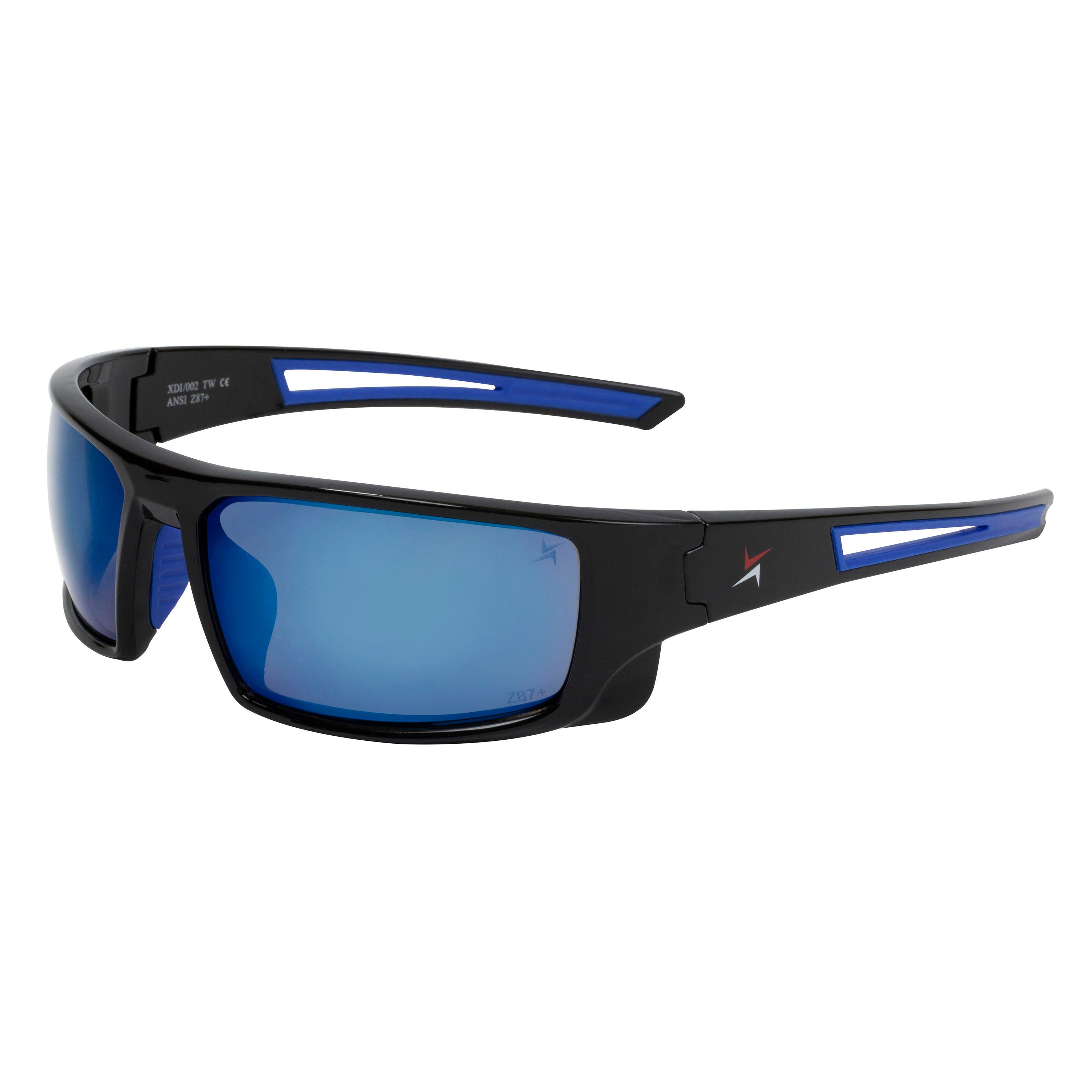 Blue Mirror Lens Sport Safety Sunglasses with Blue Rubber Accents.