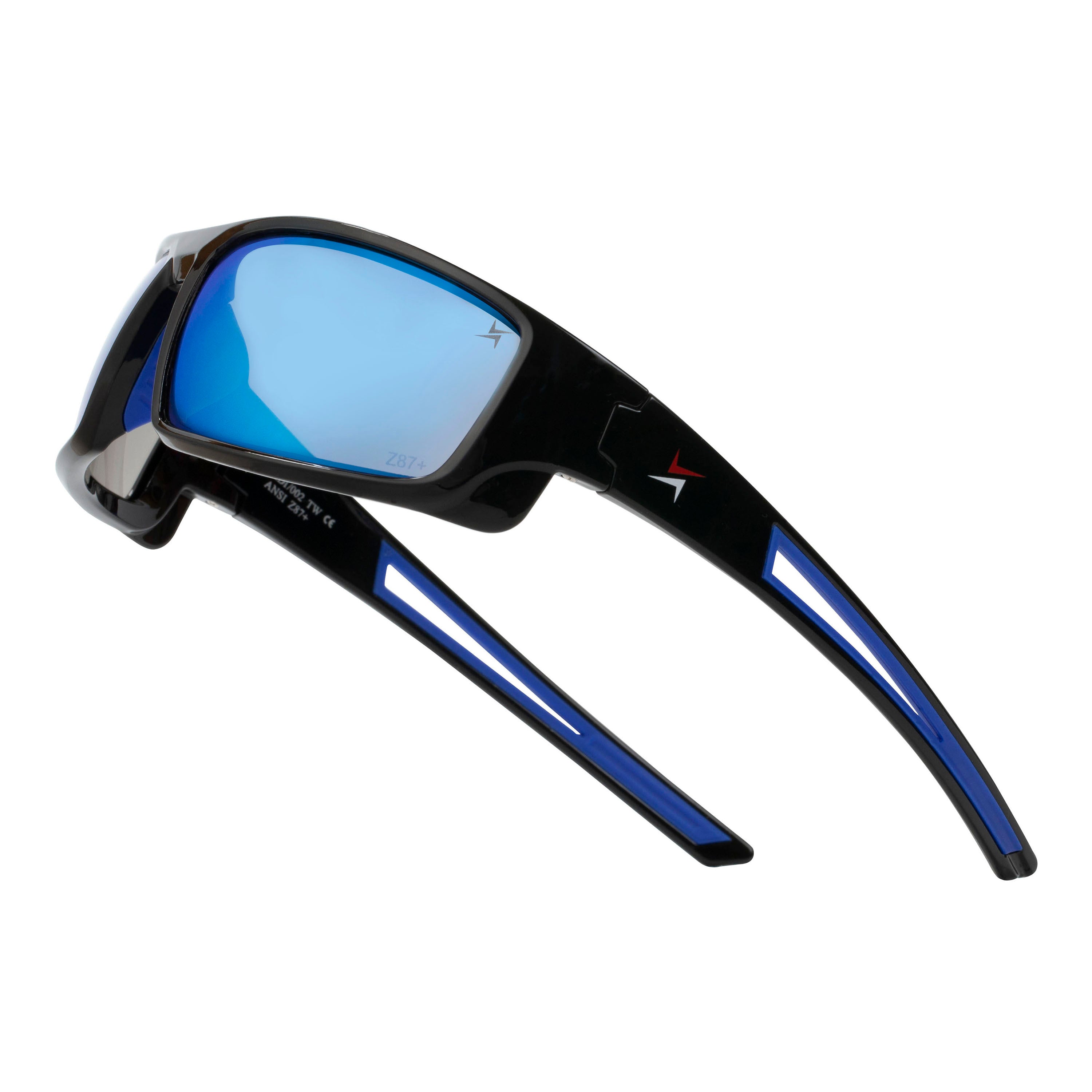 Blue Mirror Lens Sport Safety Sunglasses with Blue Rubber Accents.