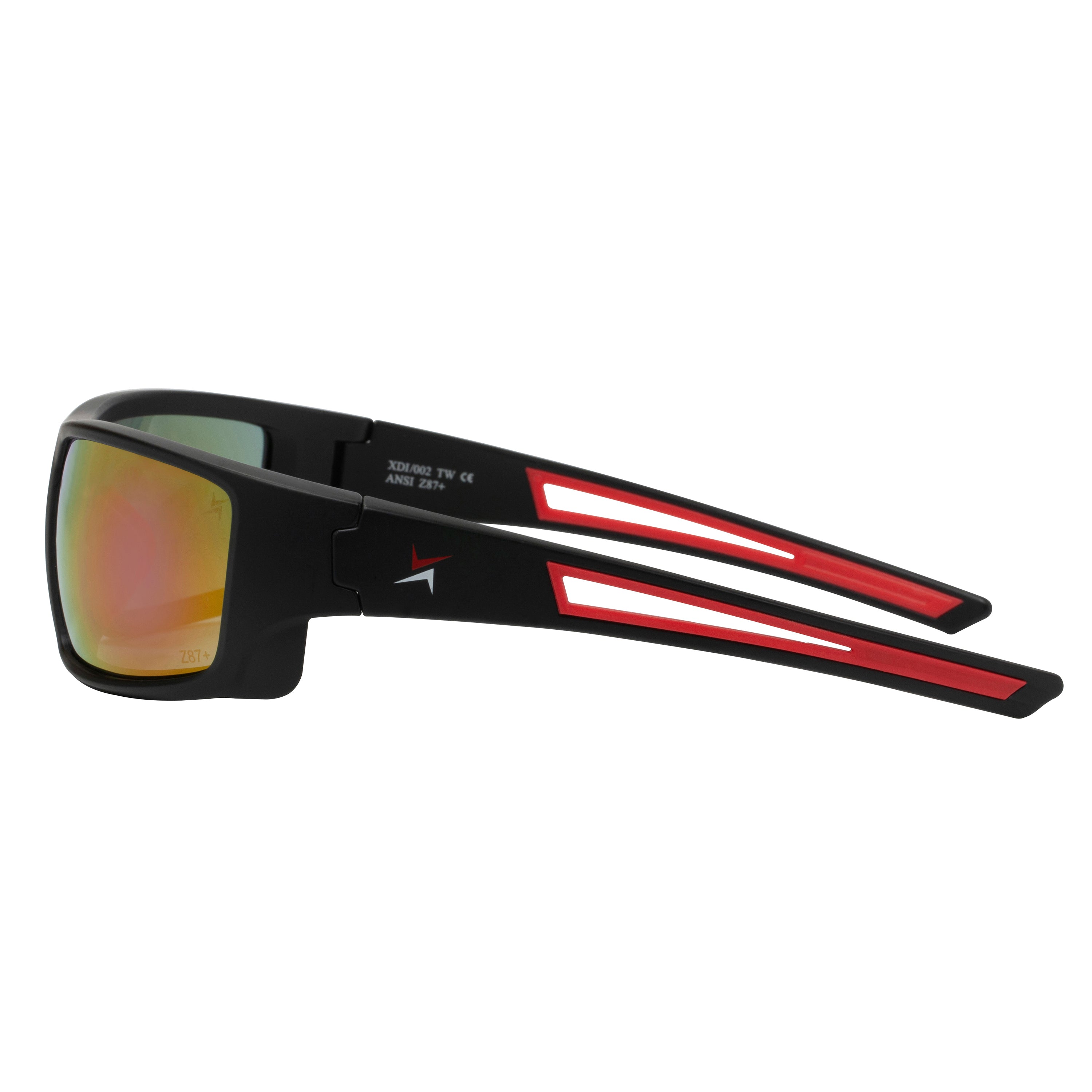 Red Mirror Lens Sport Safety Sunglasses with Red Rubber Accents.
