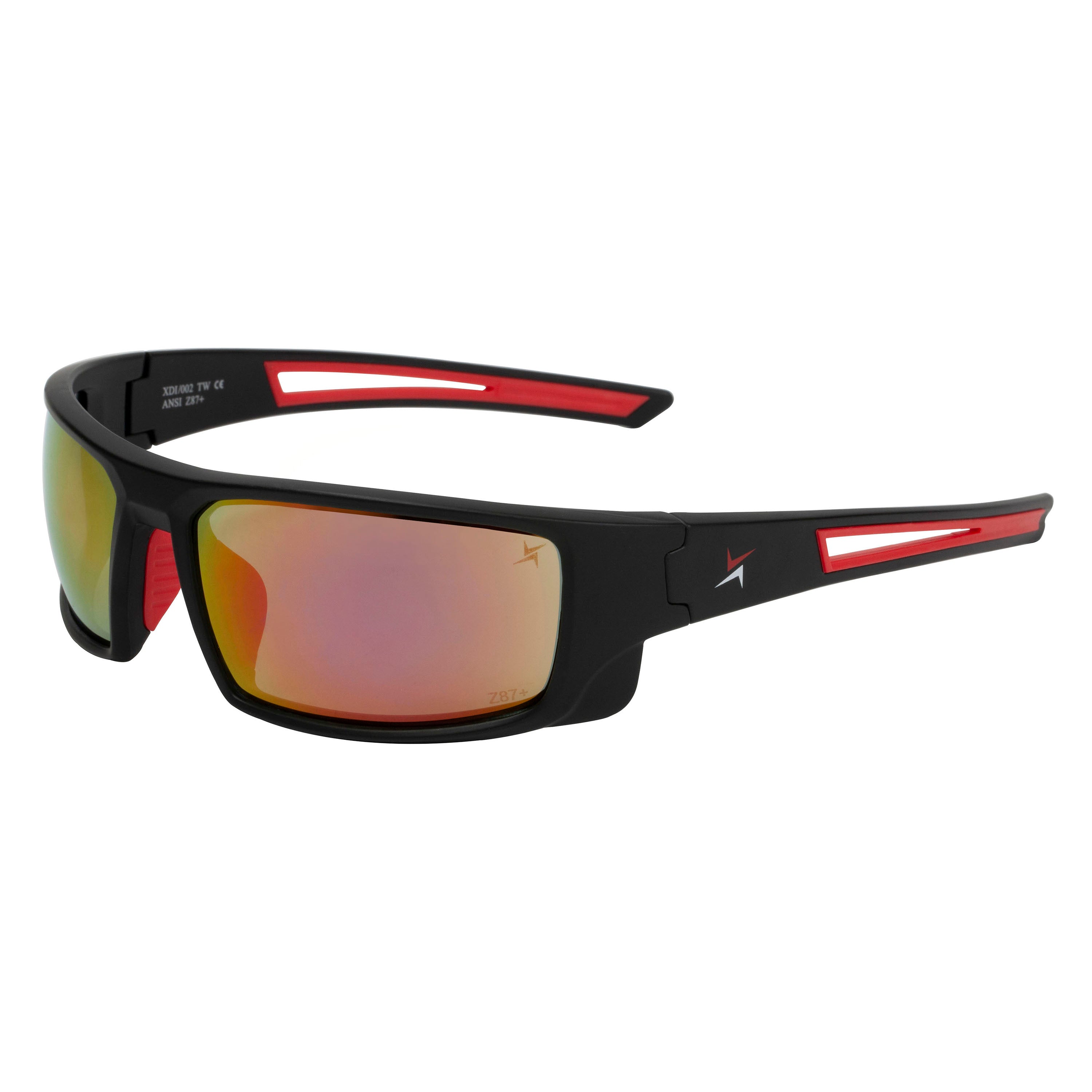 Red Mirror Lens Sport Safety Sunglasses with Red Rubber Accents.