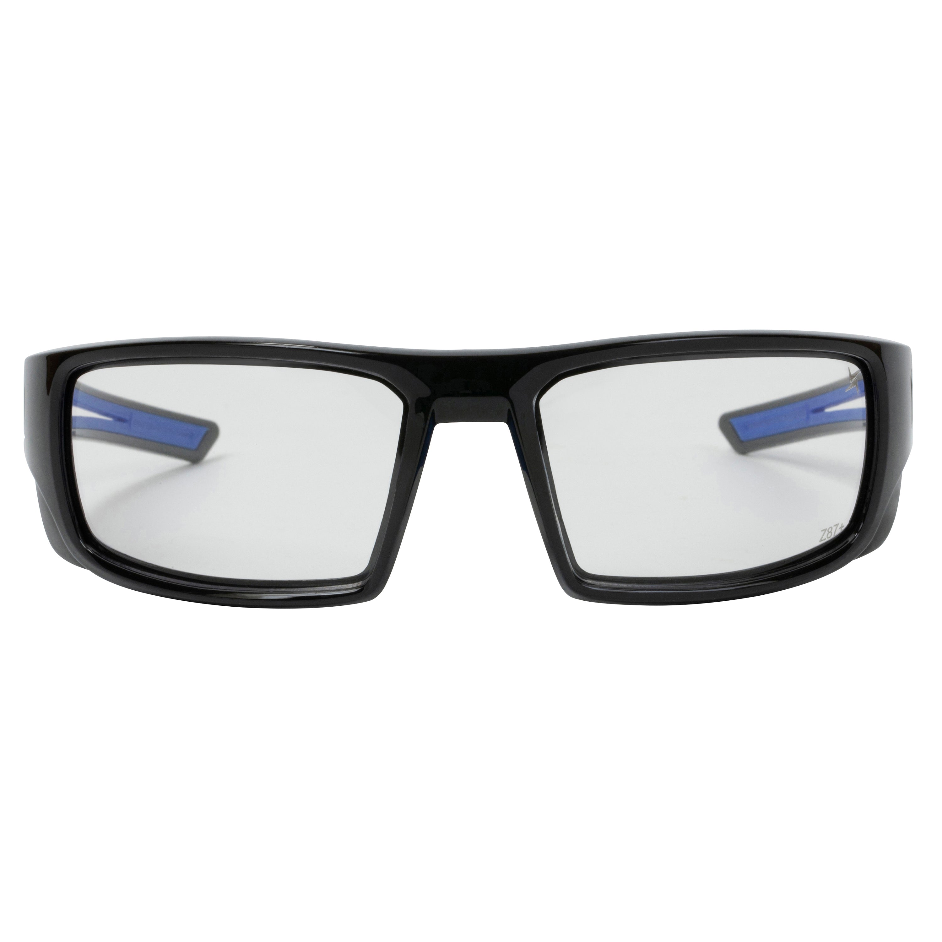 Clear Lens Sport Safety Sunglasses with Blue Rubber Accents.