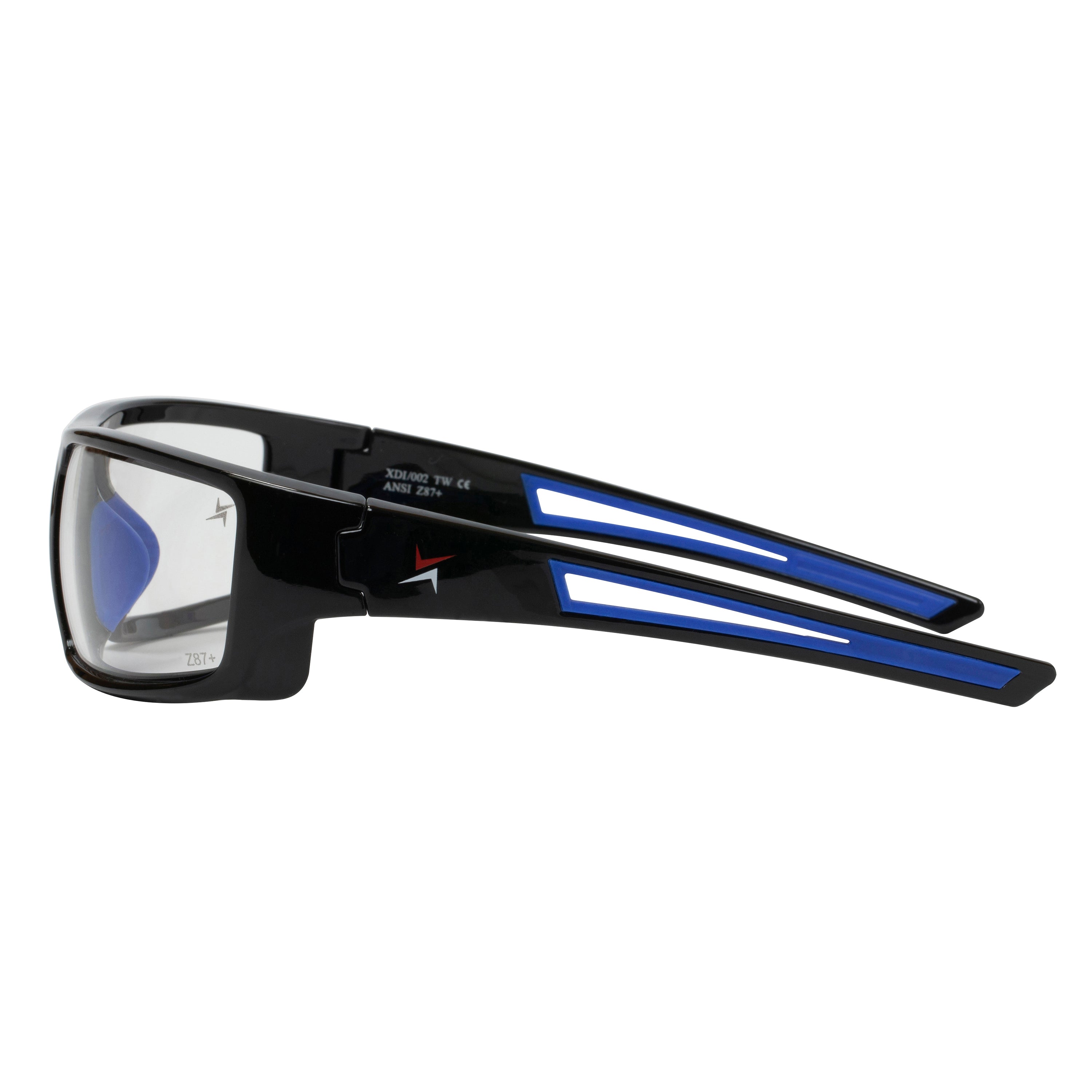 Clear Lens Sport Safety Sunglasses with Blue Rubber Accents.