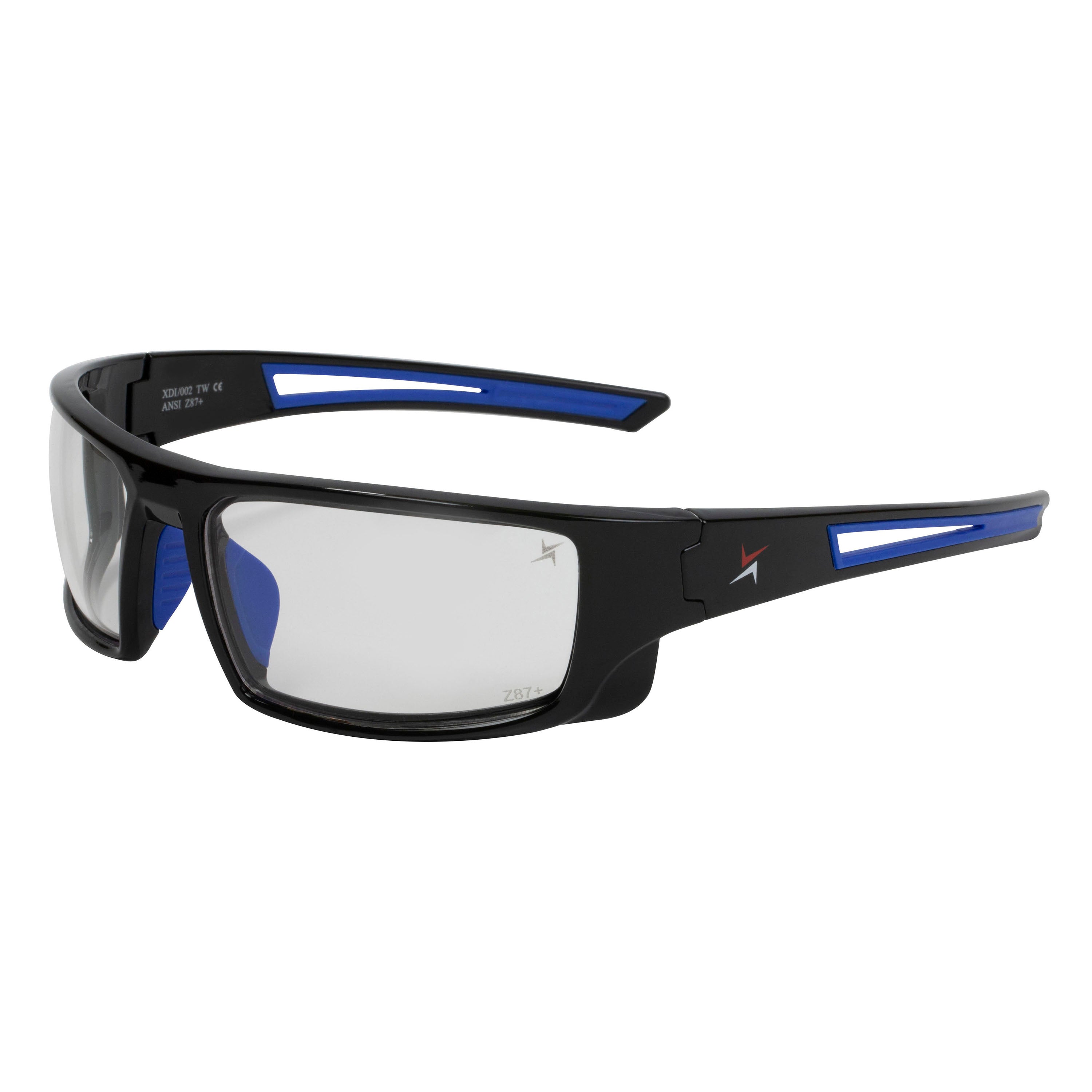 Clear Lens Sport Safety Sunglasses with Blue Rubber Accents.