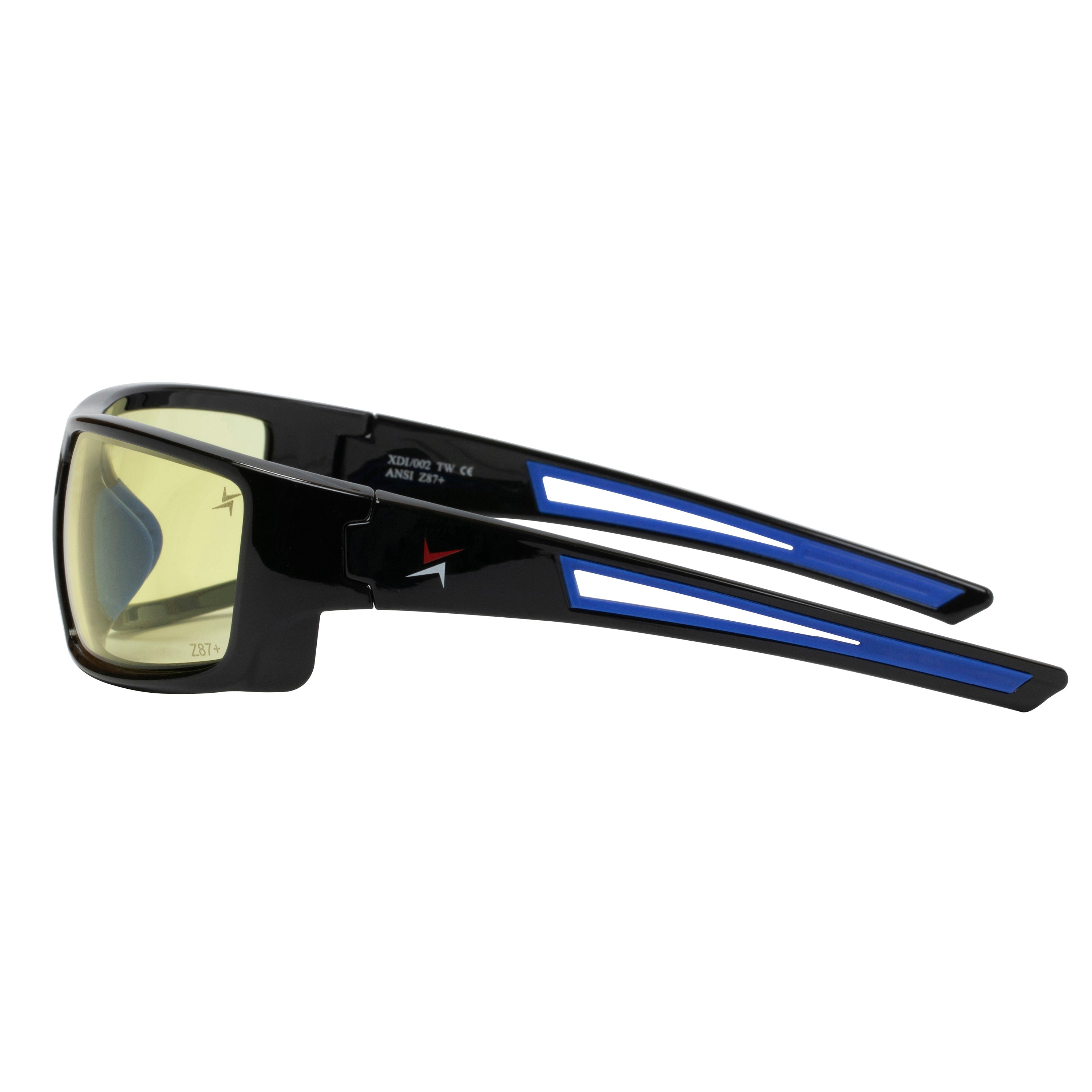 Yellow Tint Lens Sport Safety Sunglasses with Blue Rubber Accents.