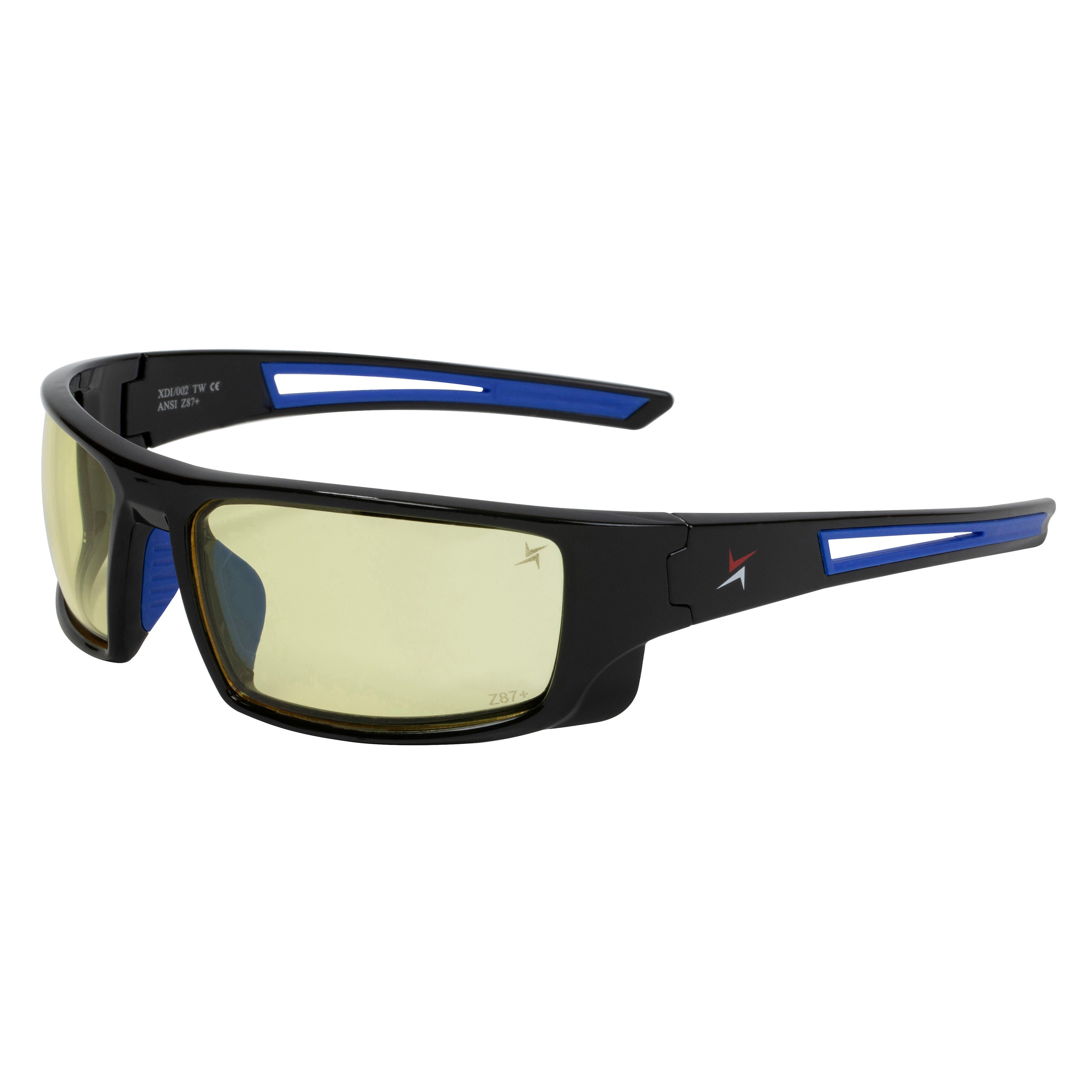 Yellow Tint Lens Sport Safety Sunglasses with Blue Rubber Accents.