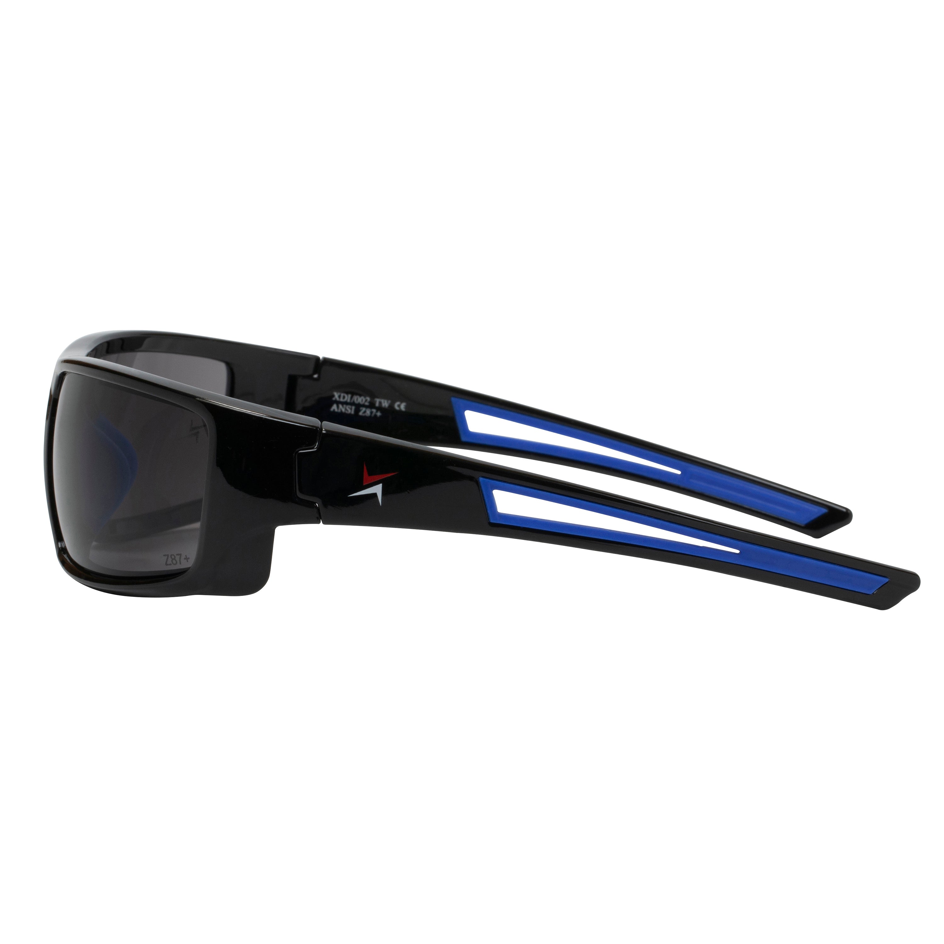 Dark Smoke Lens Sport Safety Sunglasses with Blue Rubber Accents.