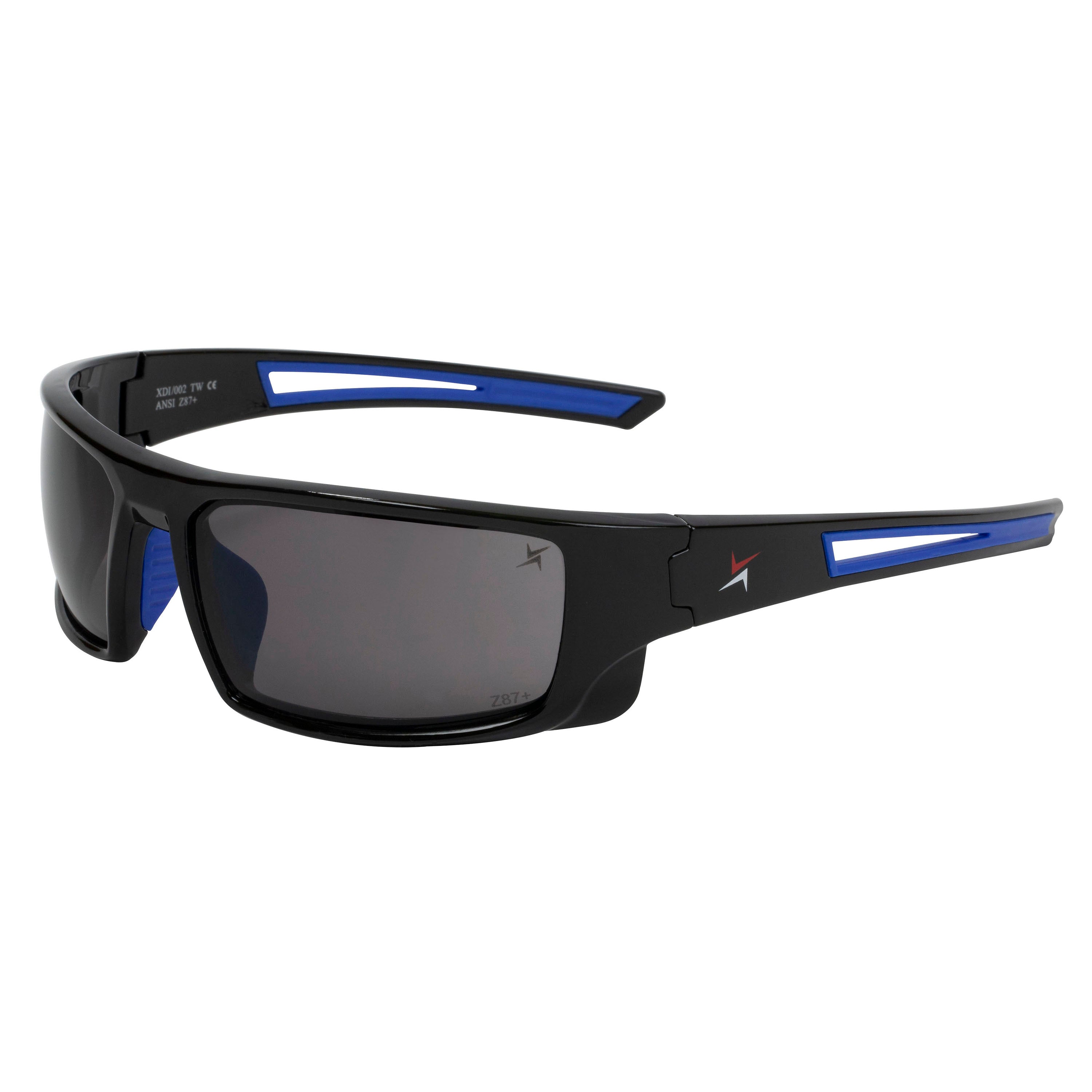 Dark Smoke Lens Sport Safety Sunglasses with Blue Rubber Accents.