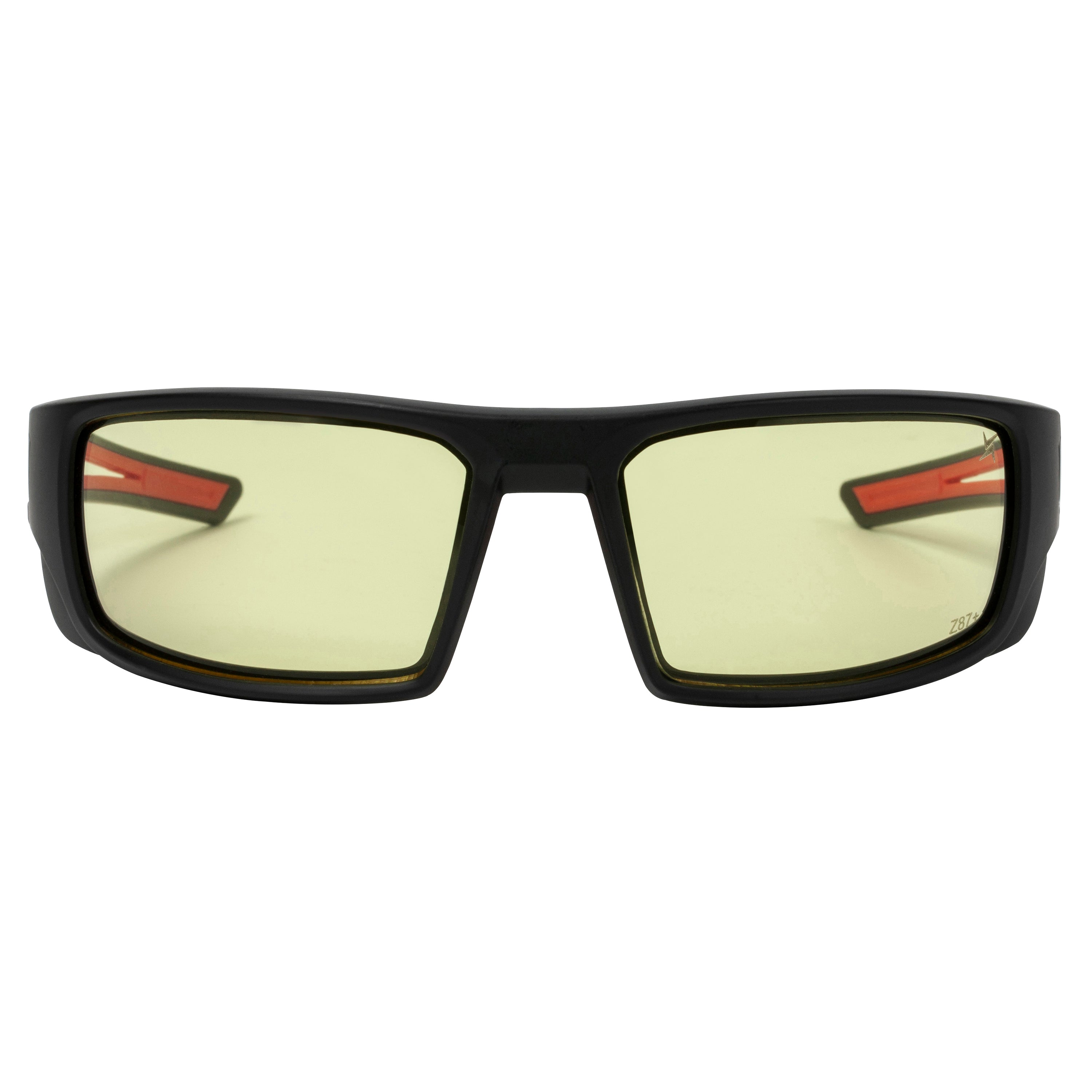 Yellow Tint Lens Sport Safety Sunglasses with Red Rubber Accents.