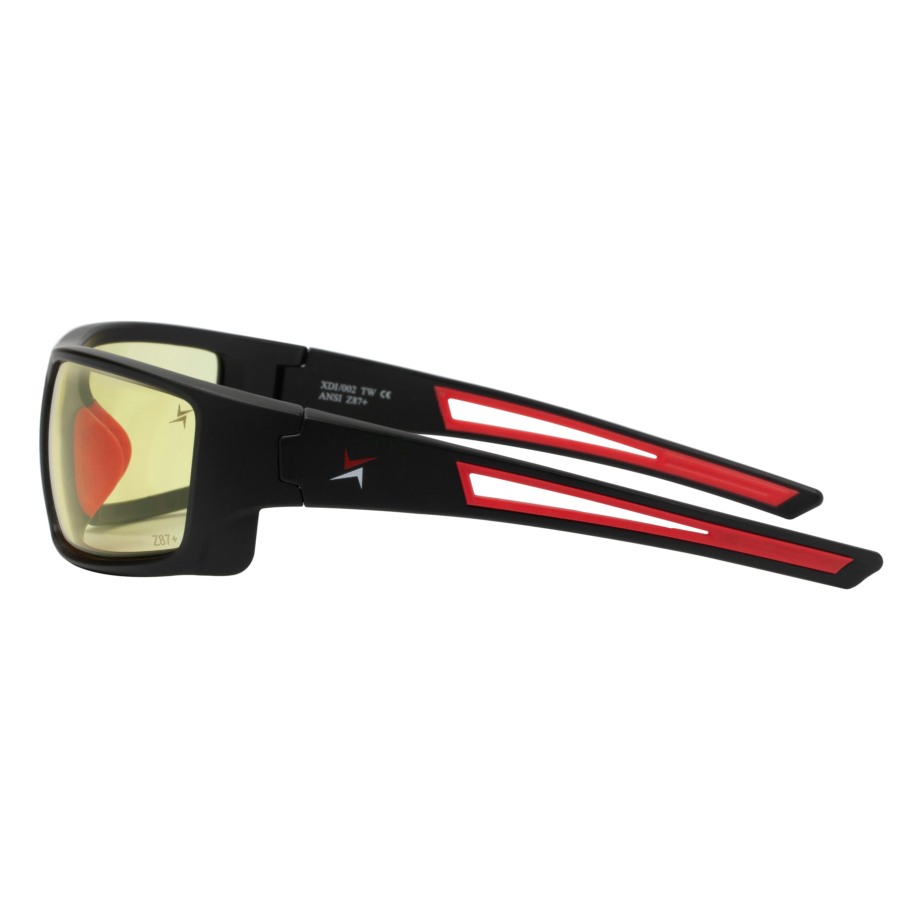 Yellow Tint Lens Sport Safety Sunglasses with Red Rubber Accents.