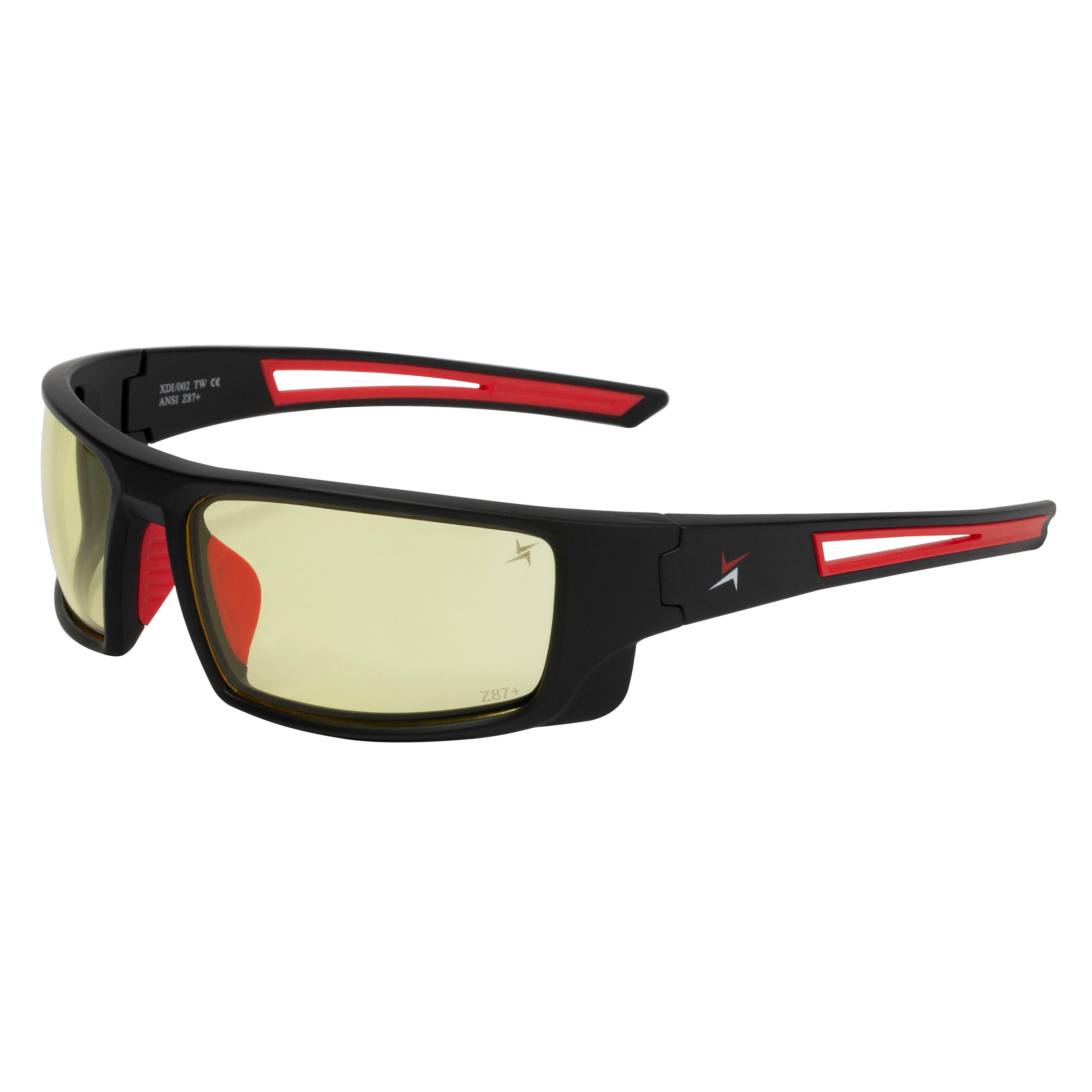 Yellow Tint Lens Sport Safety Sunglasses with Red Rubber Accents.